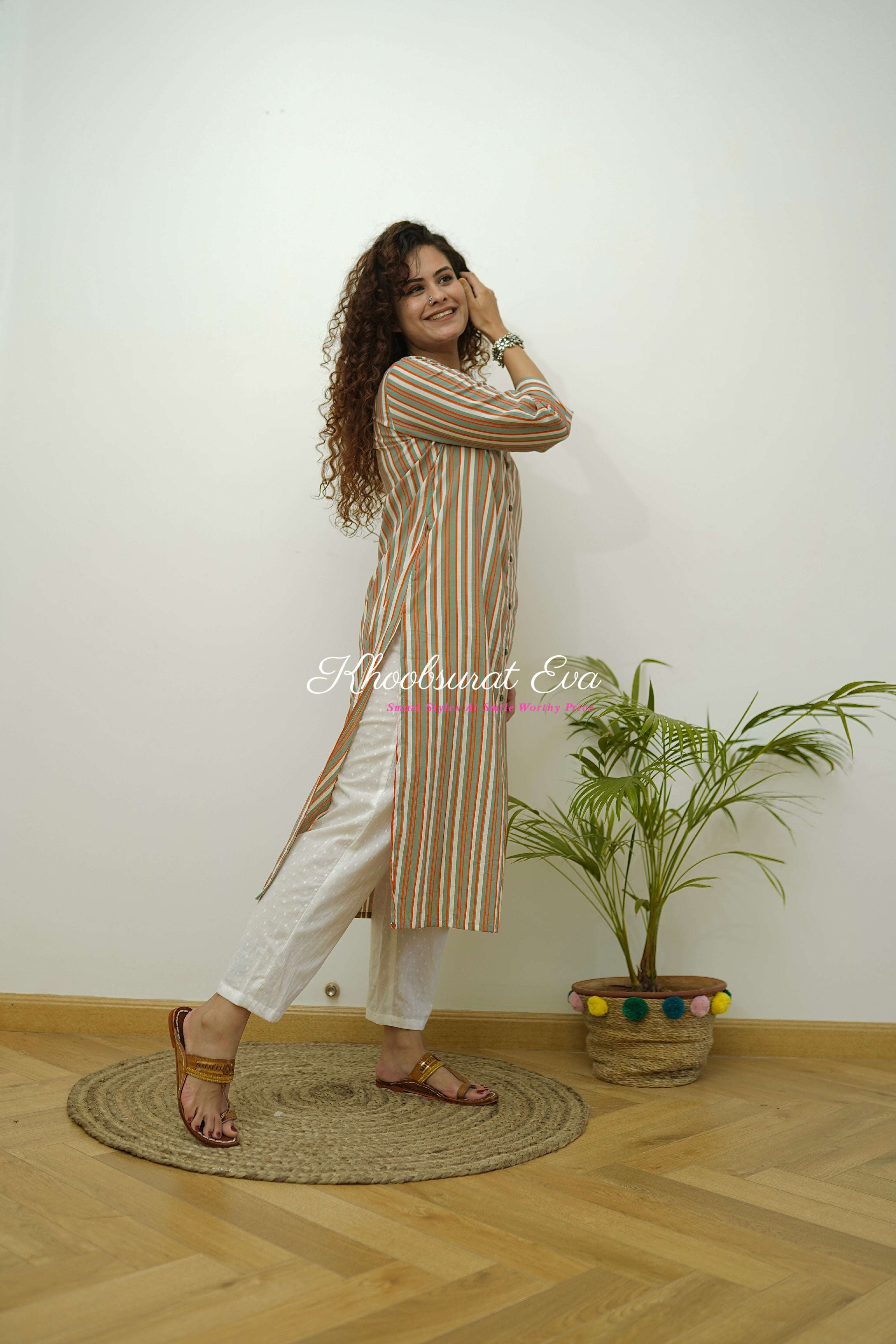 Beige Cotton Stripes Printed Straight Kurta