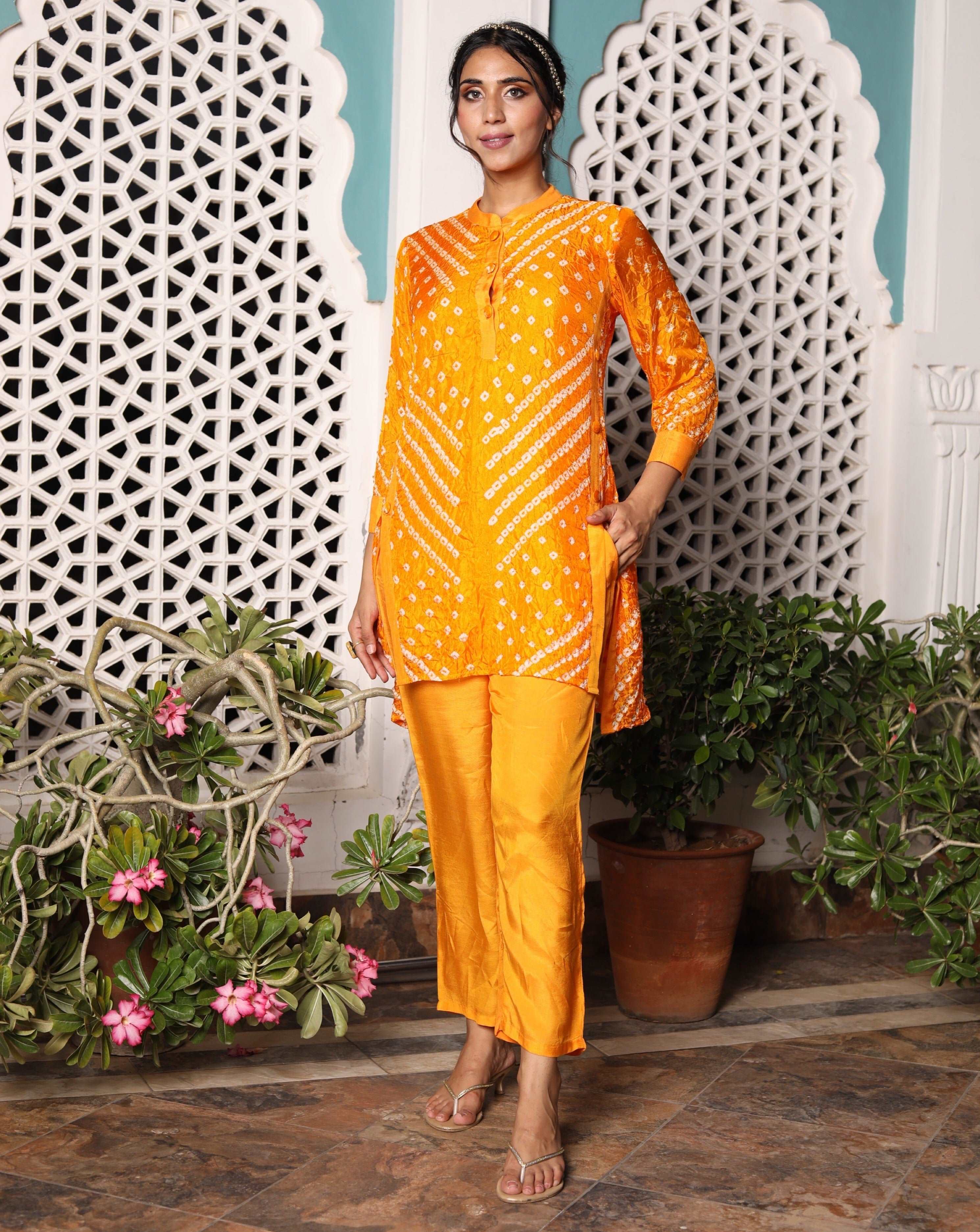 Bandhej On Orange Festive Kurta Pants