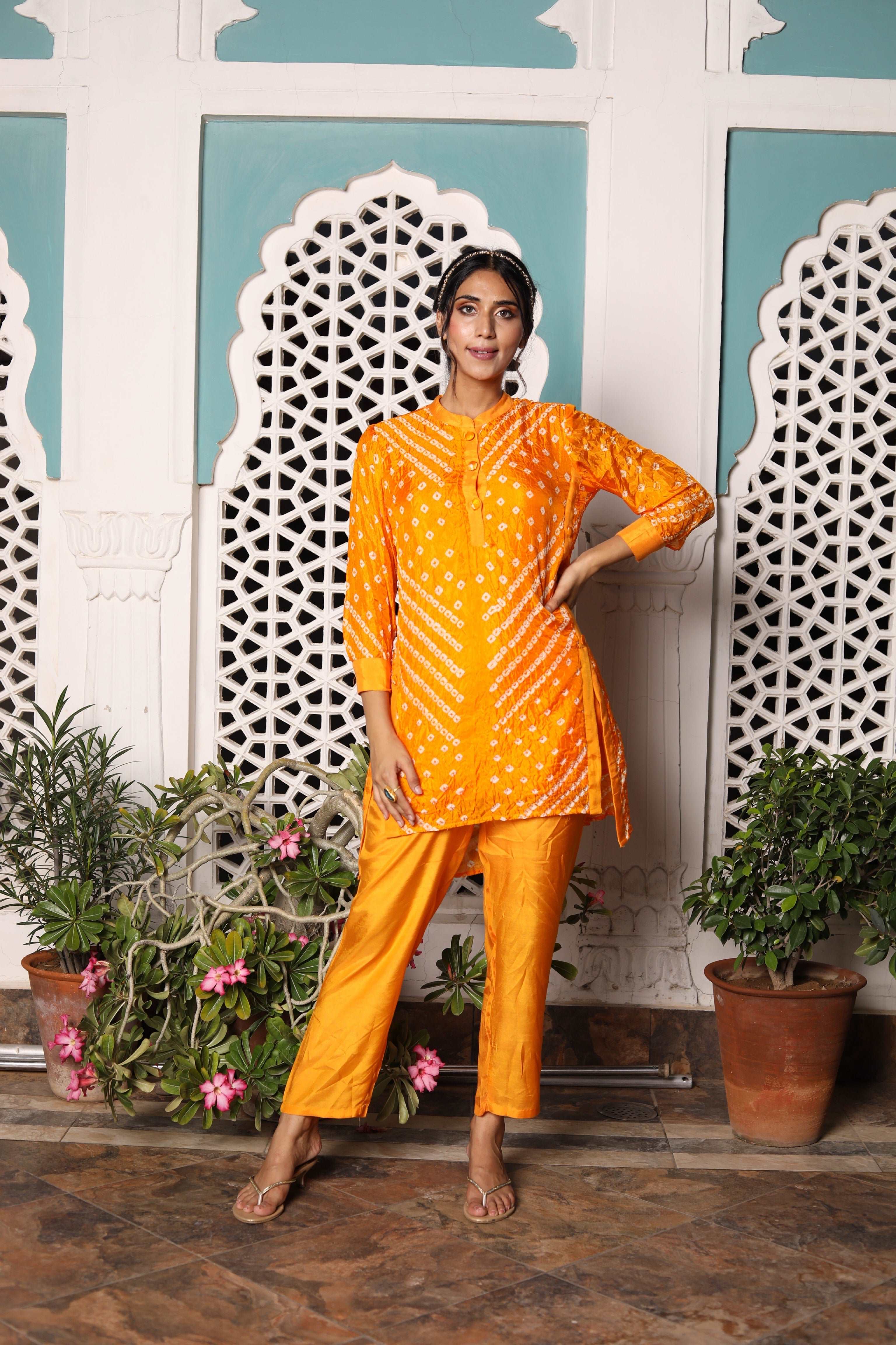 Bandhej On Orange Festive Kurta Pants