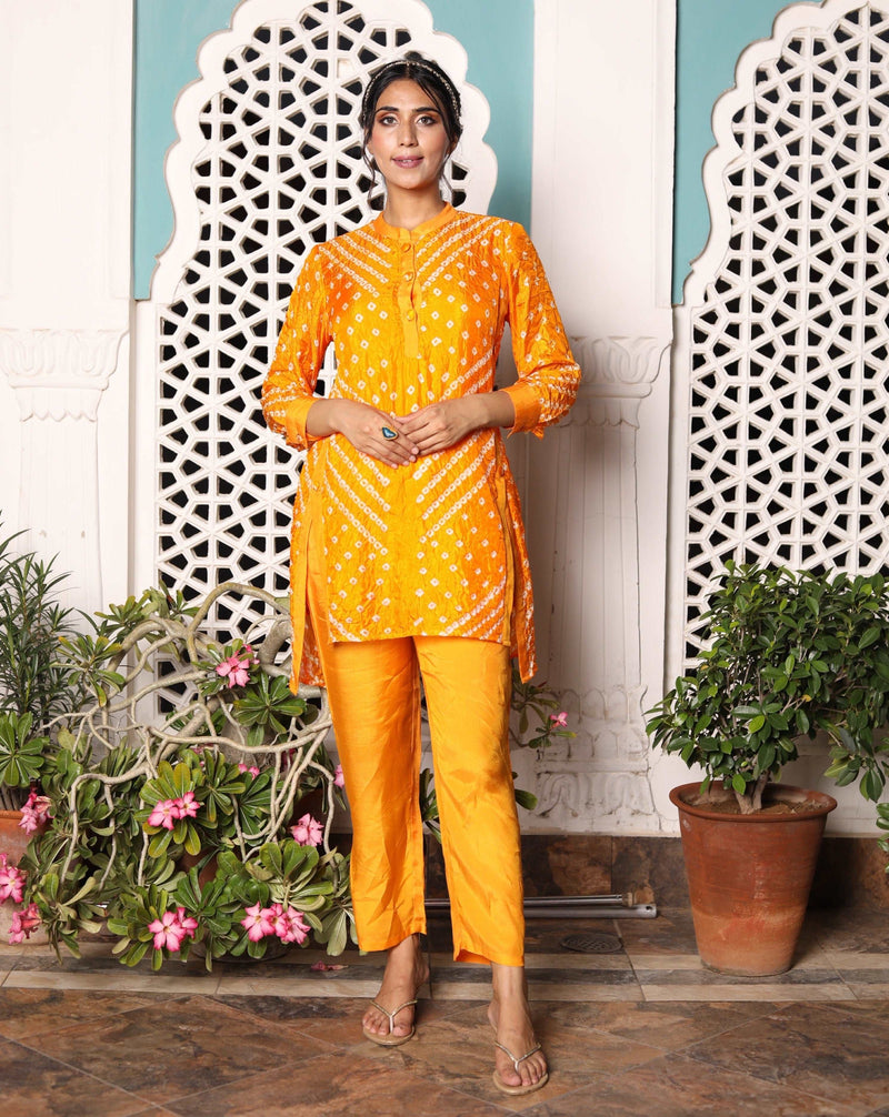 Bandhej On Orange Festive Kurta Pants