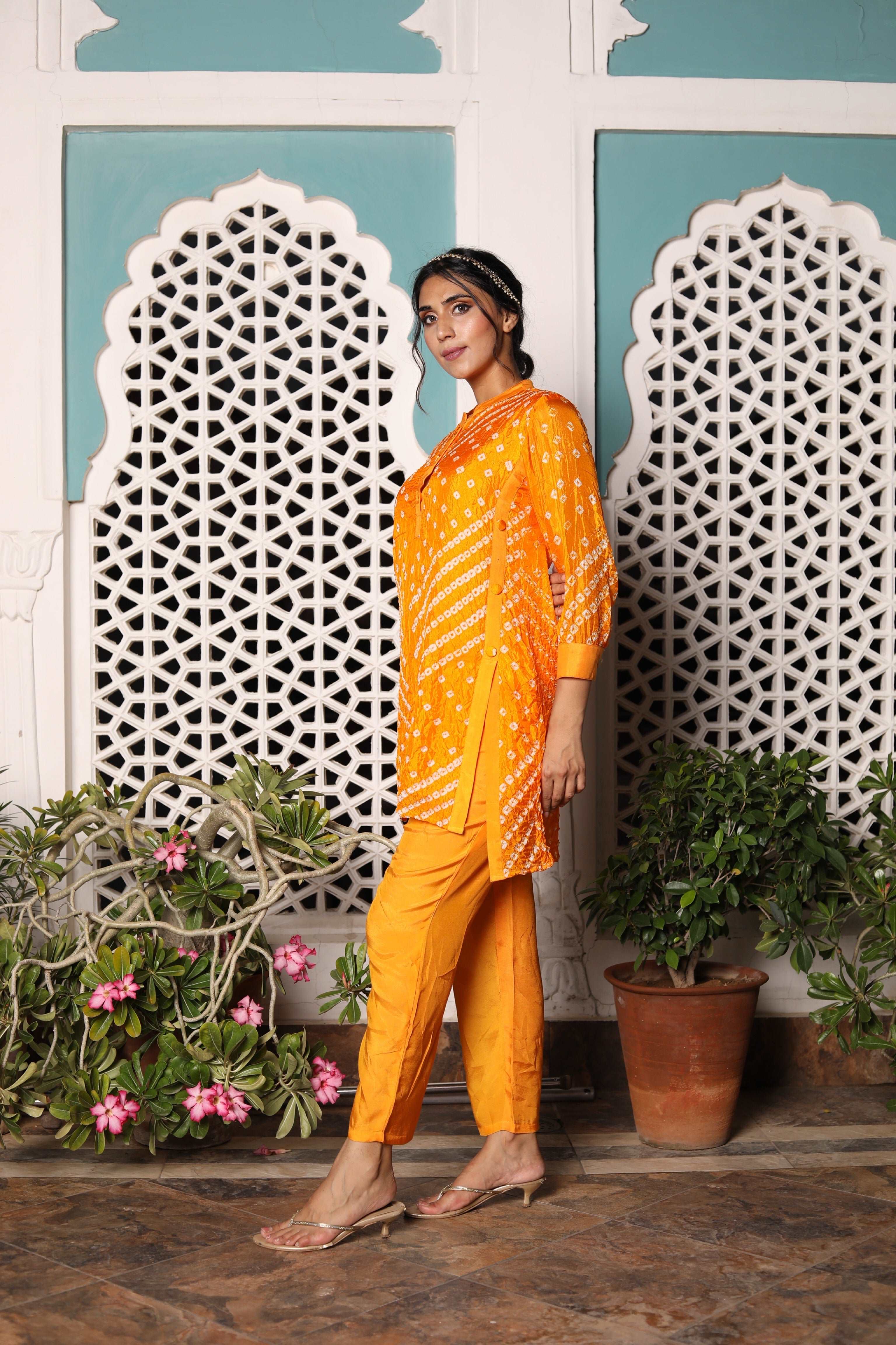 Bandhej On Orange Festive Kurta Pants