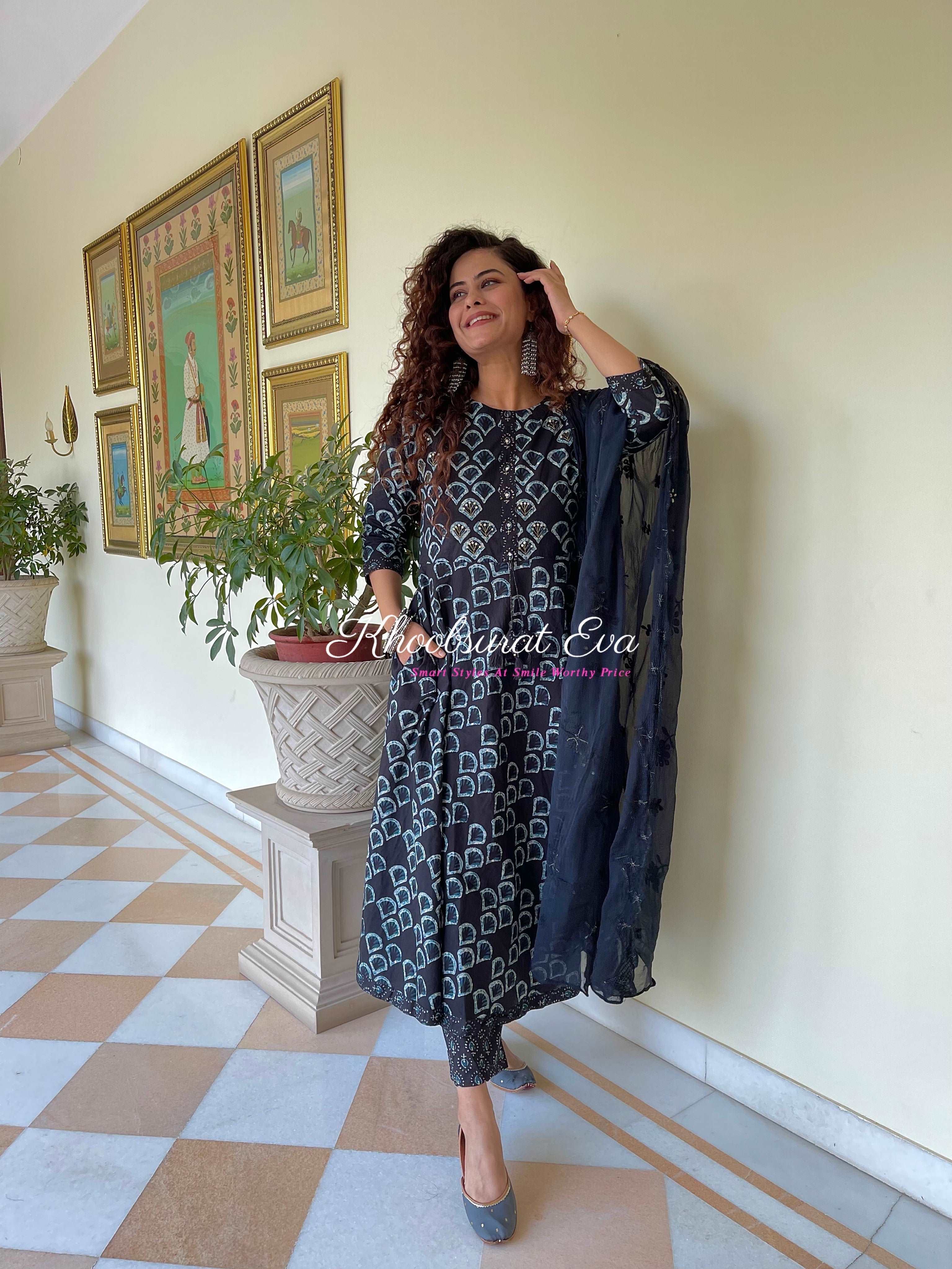 Black Embroidered Kurta Set With Dupatta