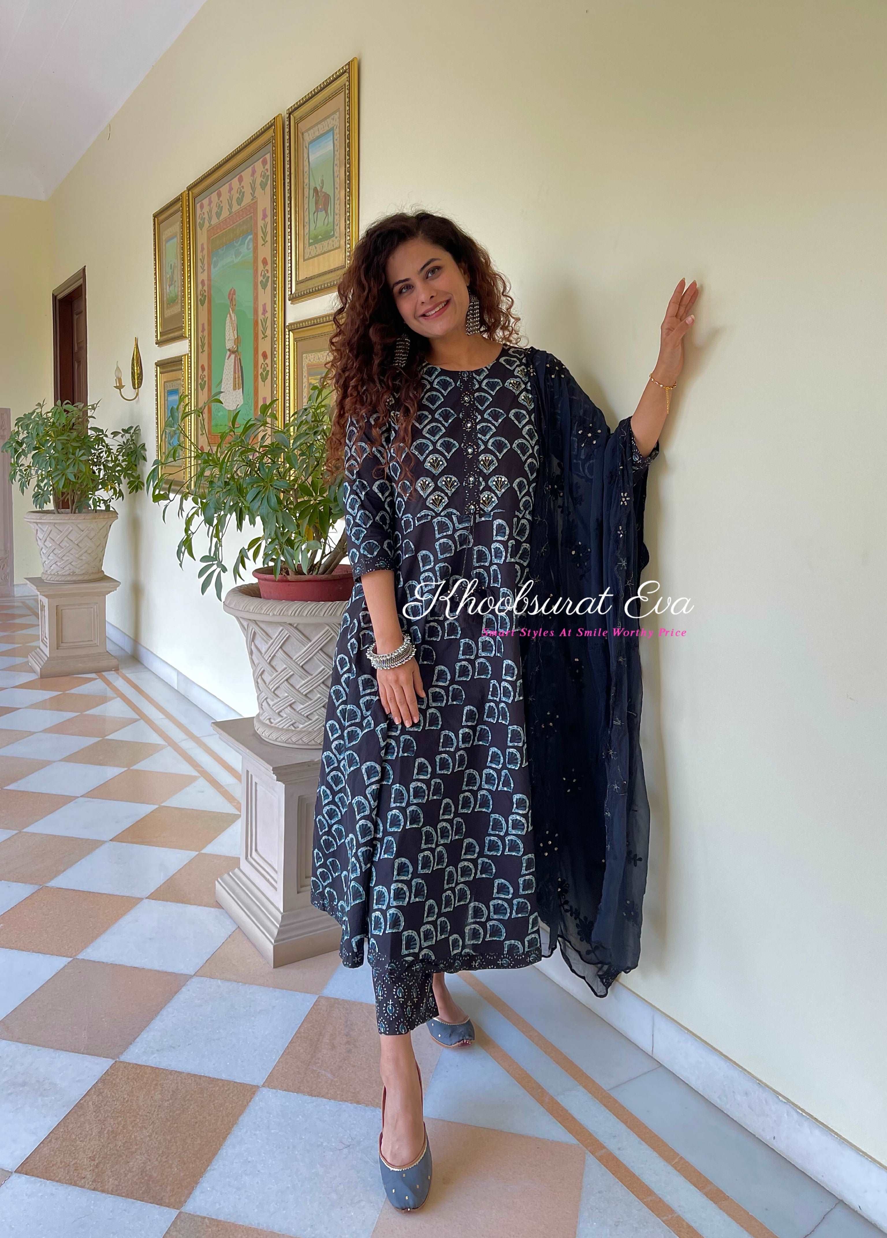 Black Embroidered Kurta Set With Dupatta