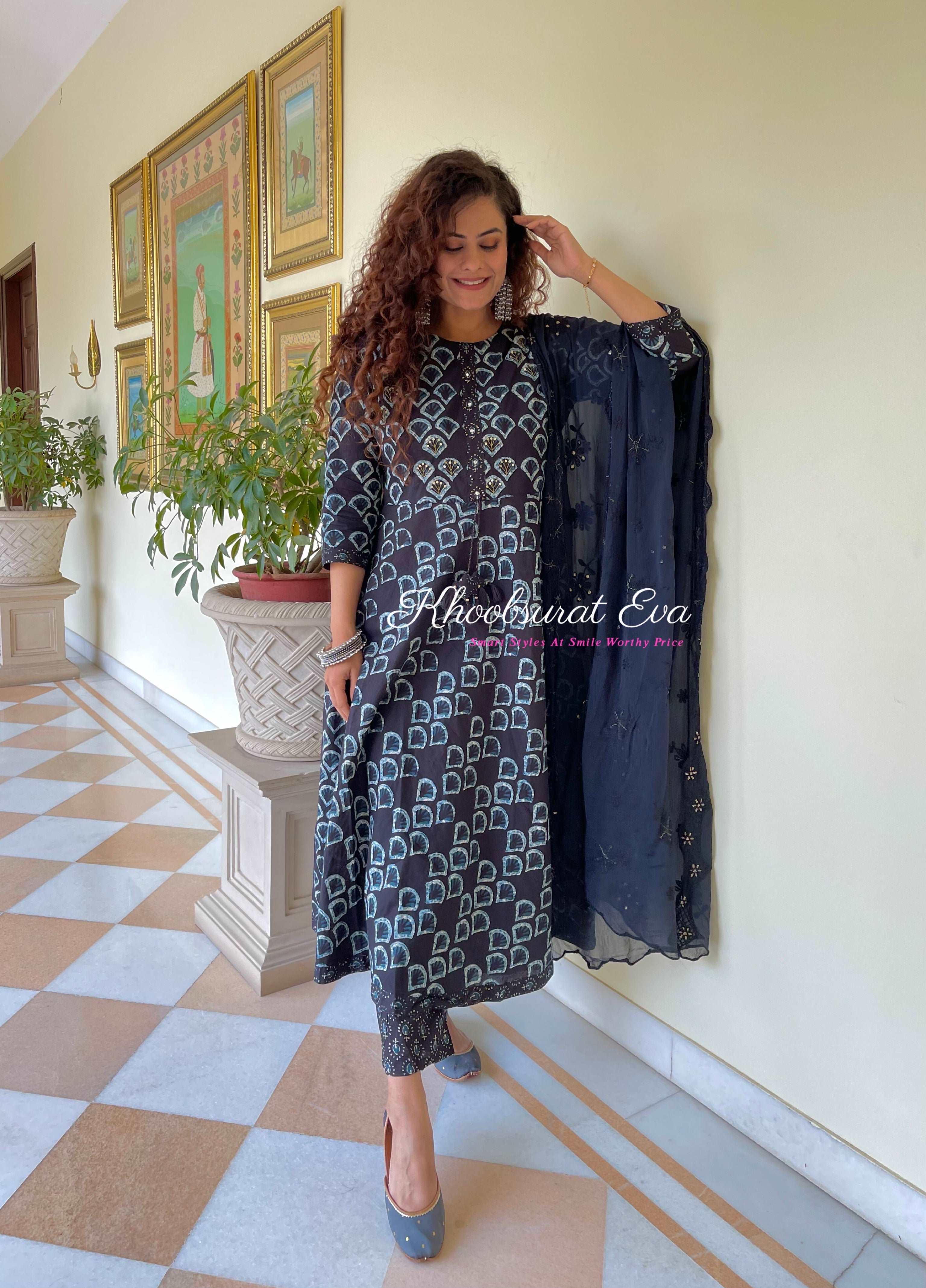 Black Embroidered Kurta Set With Dupatta