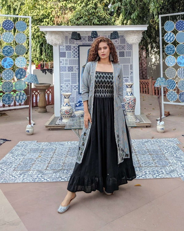 Black Embroidered Long Maxi Dress With Jacket
