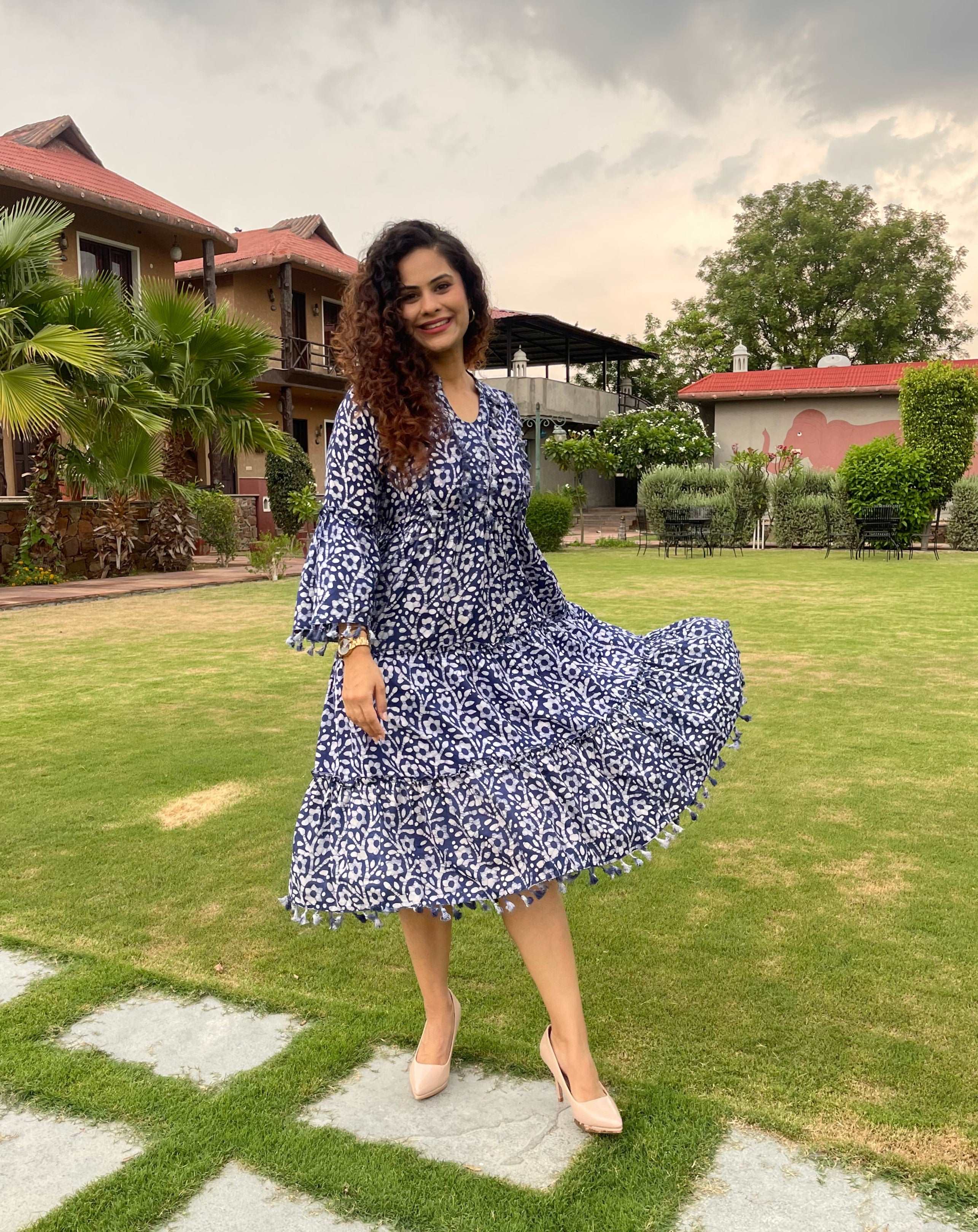 Batik Print On Blue Flare Dress