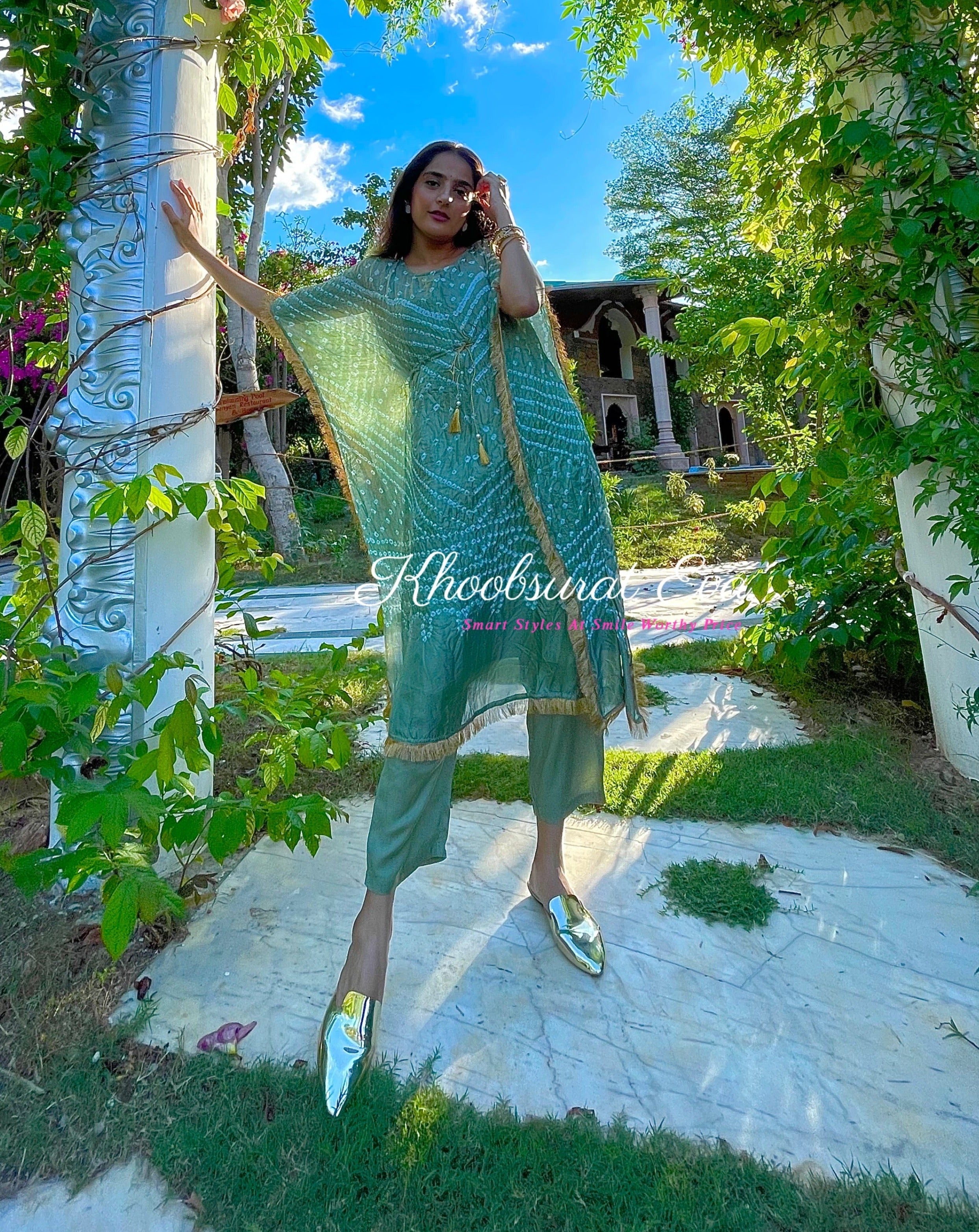 Olive Green Bandhani Kaftan Set