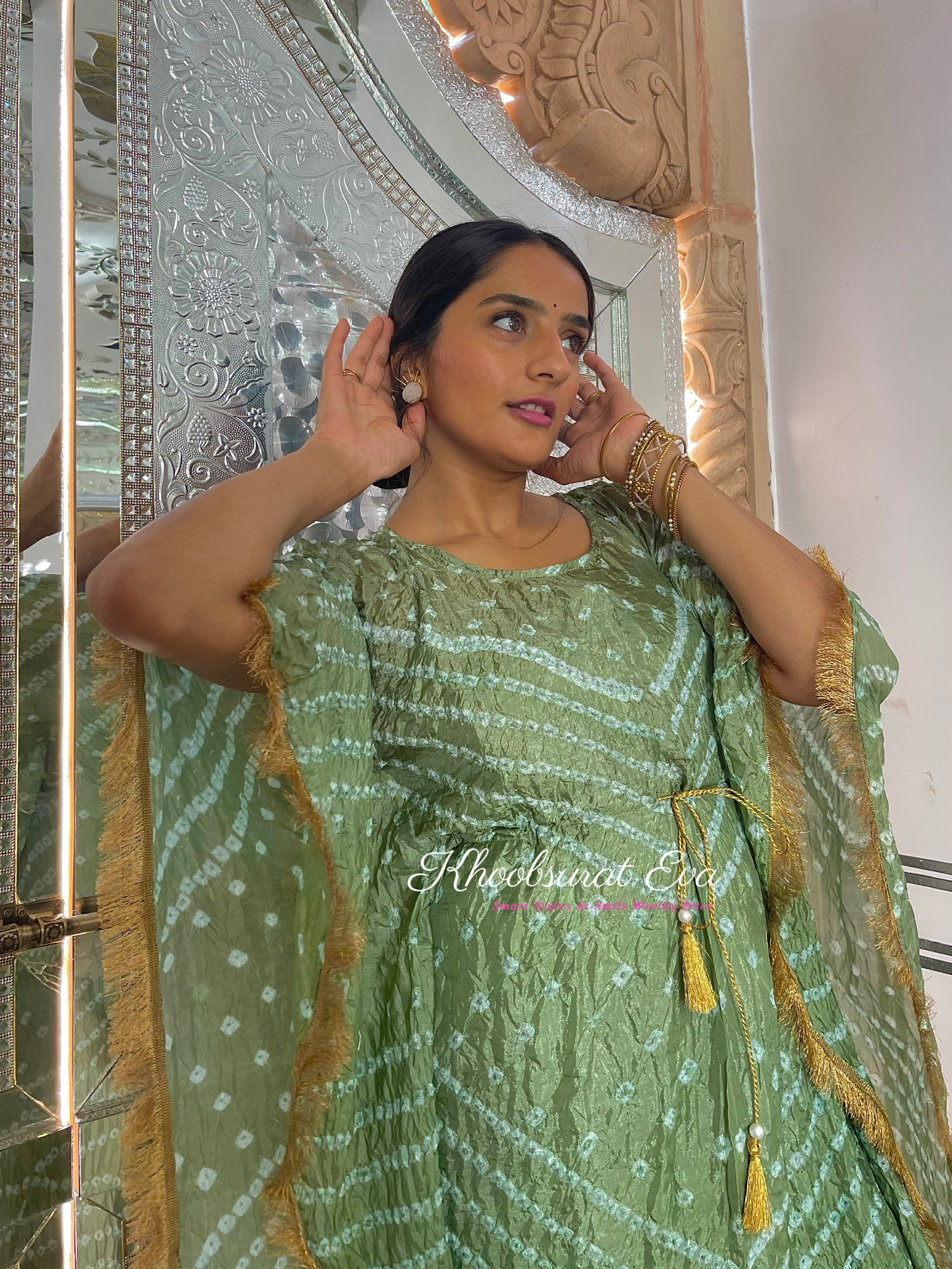 Olive Green Bandhani Kaftan Set