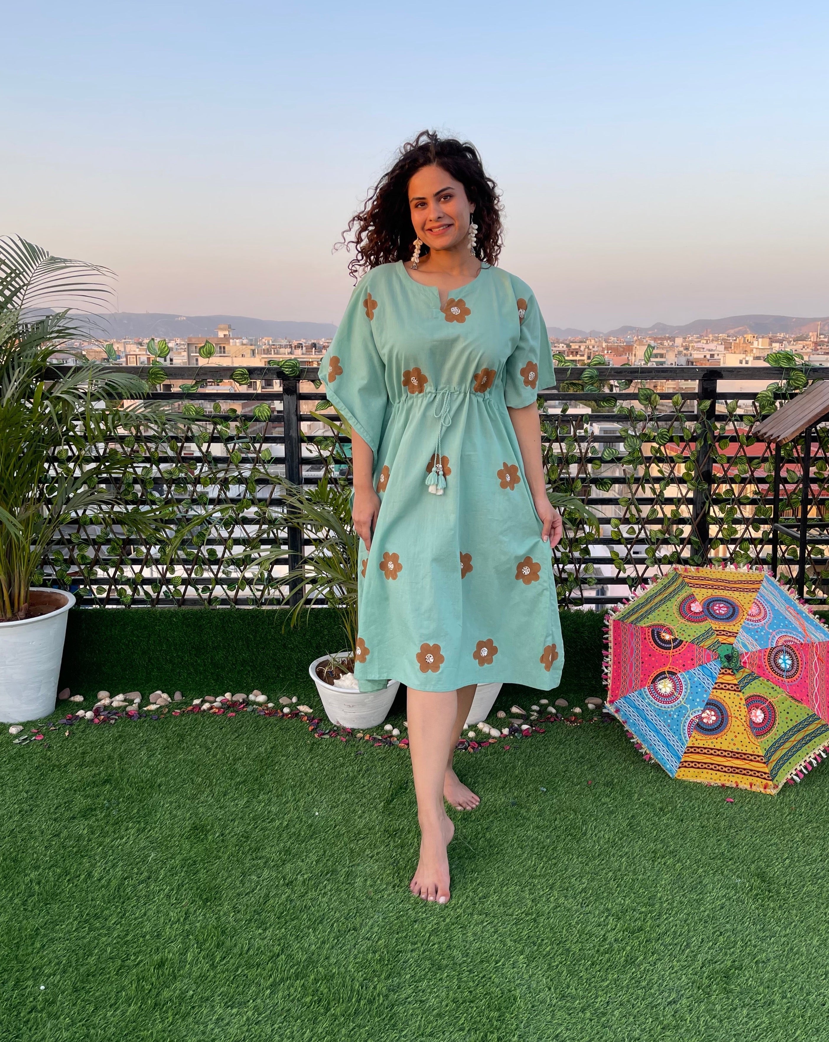 Turquoise Hand Paint Long Kaftan