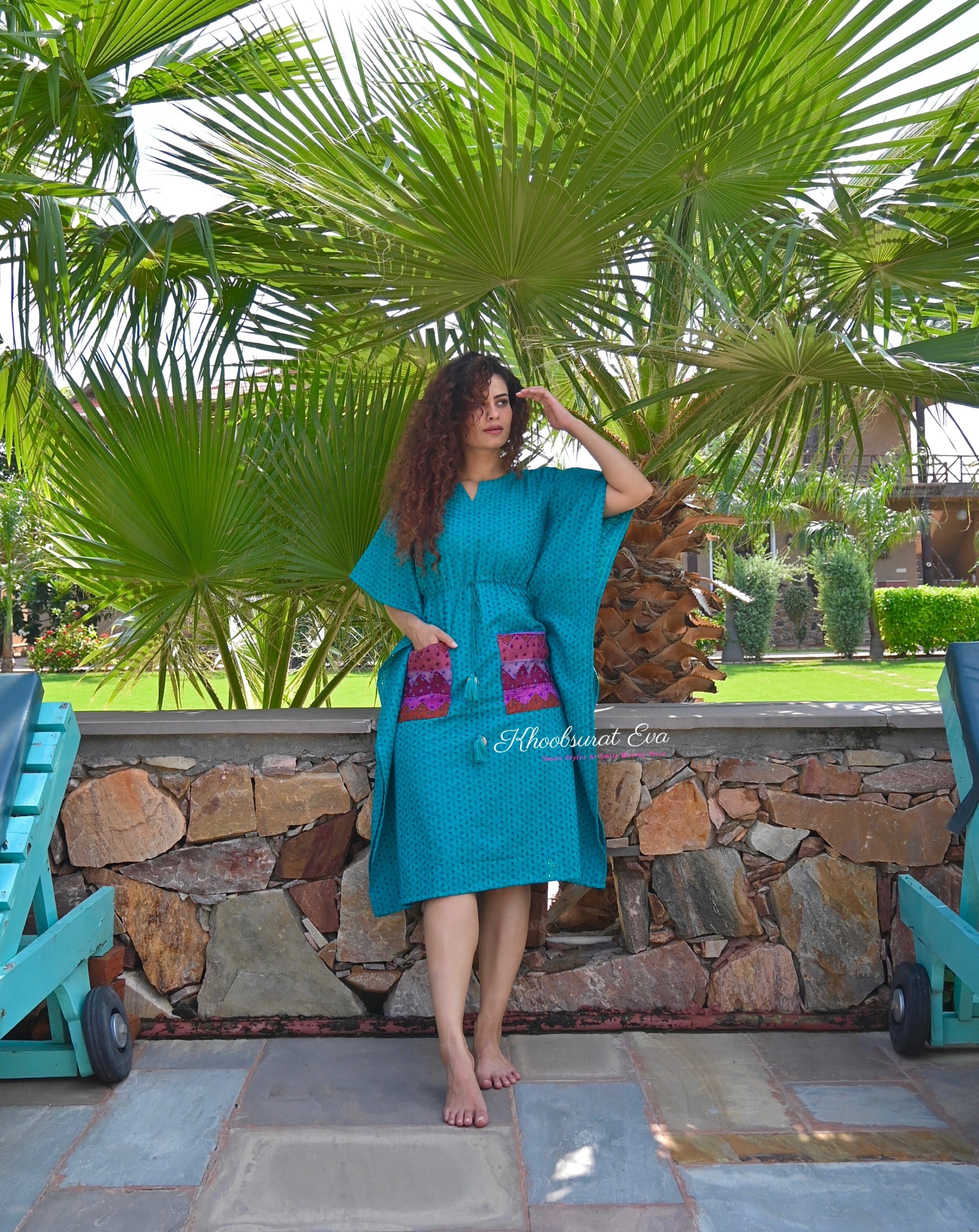 Turquoise Chikankari Kaftan Dress