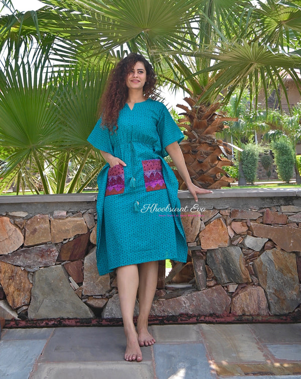 Turquoise Chikankari Kaftan Dress