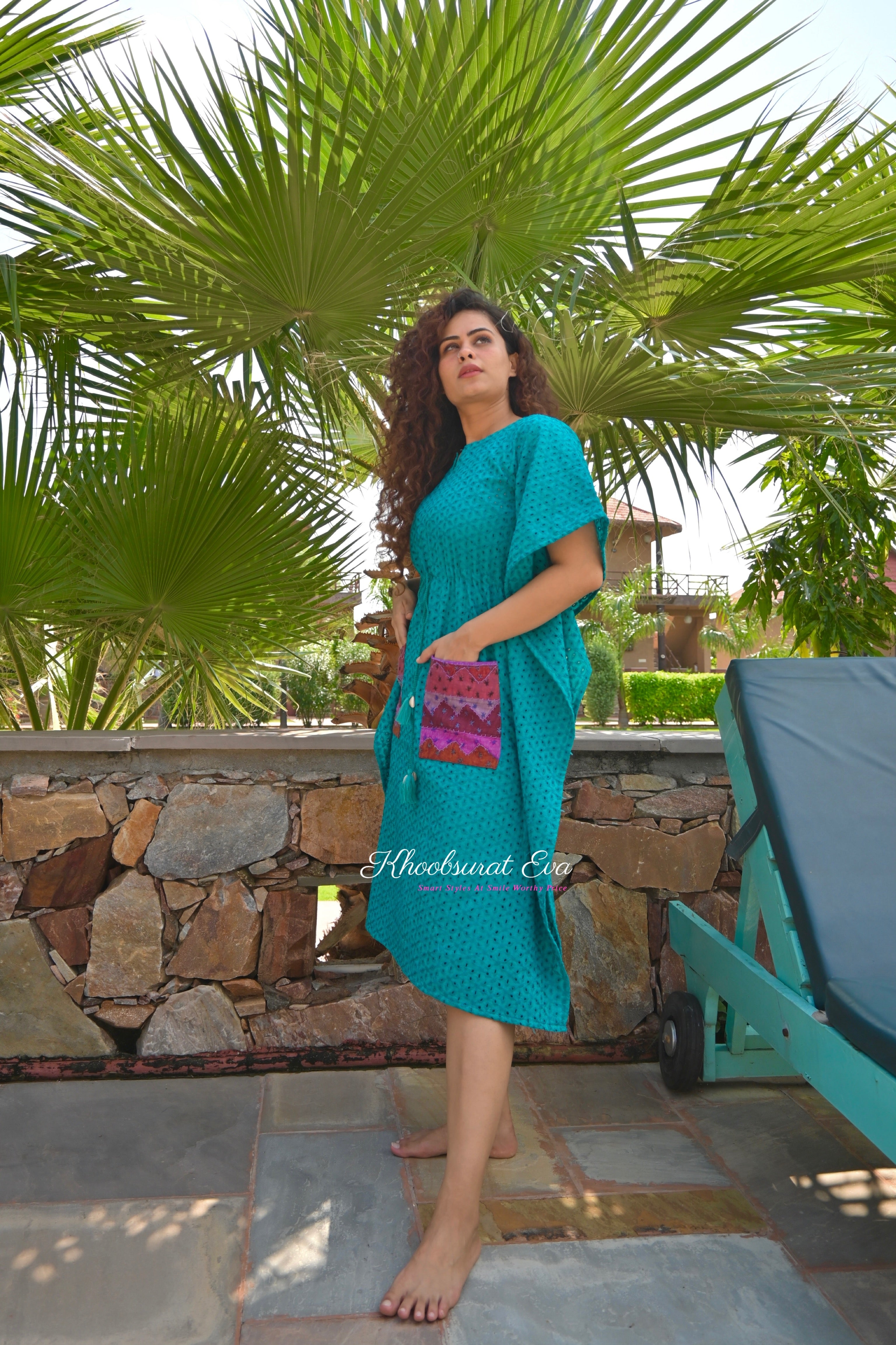 Turquoise Chikankari Kaftan Dress