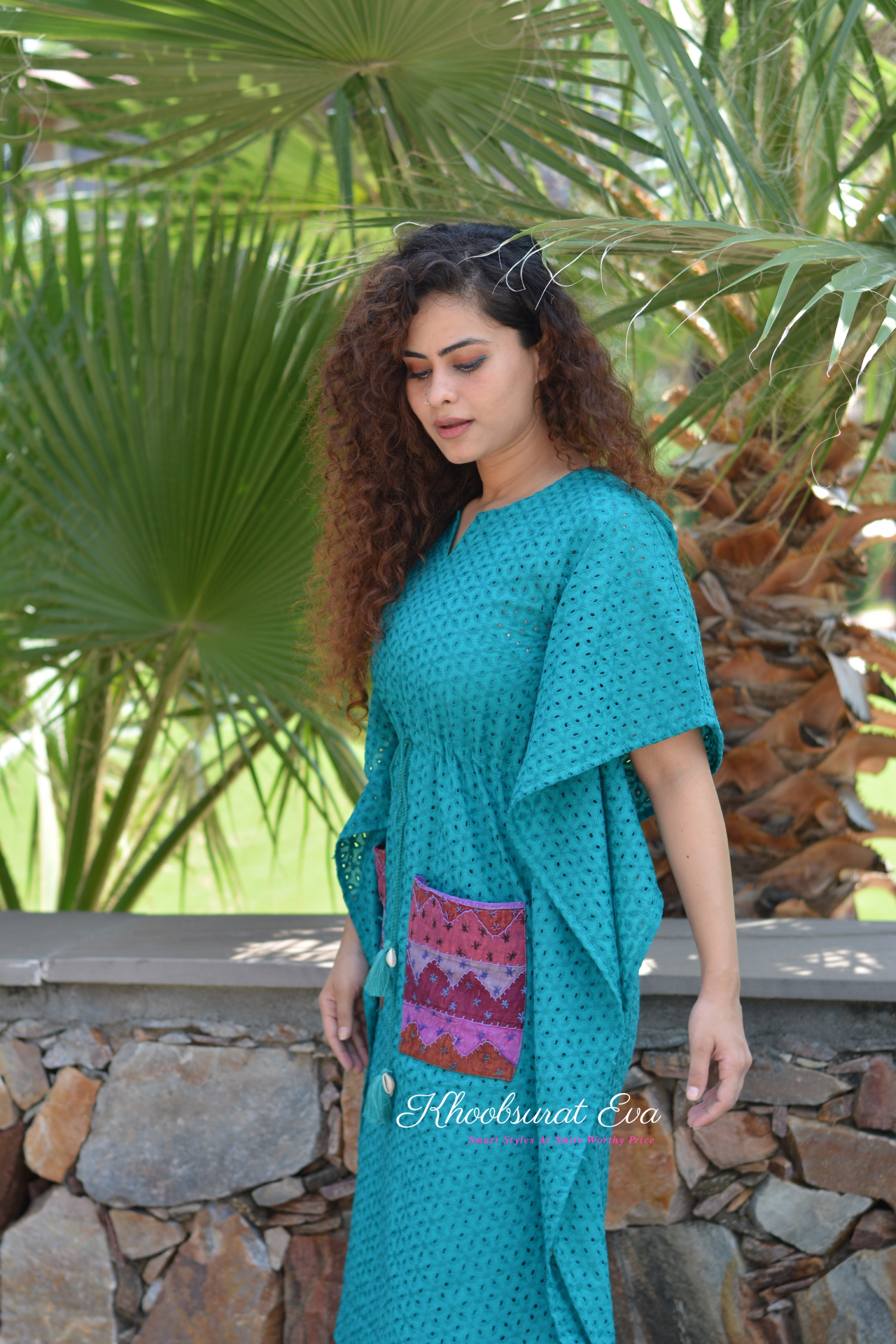 Turquoise Chikankari Kaftan Dress