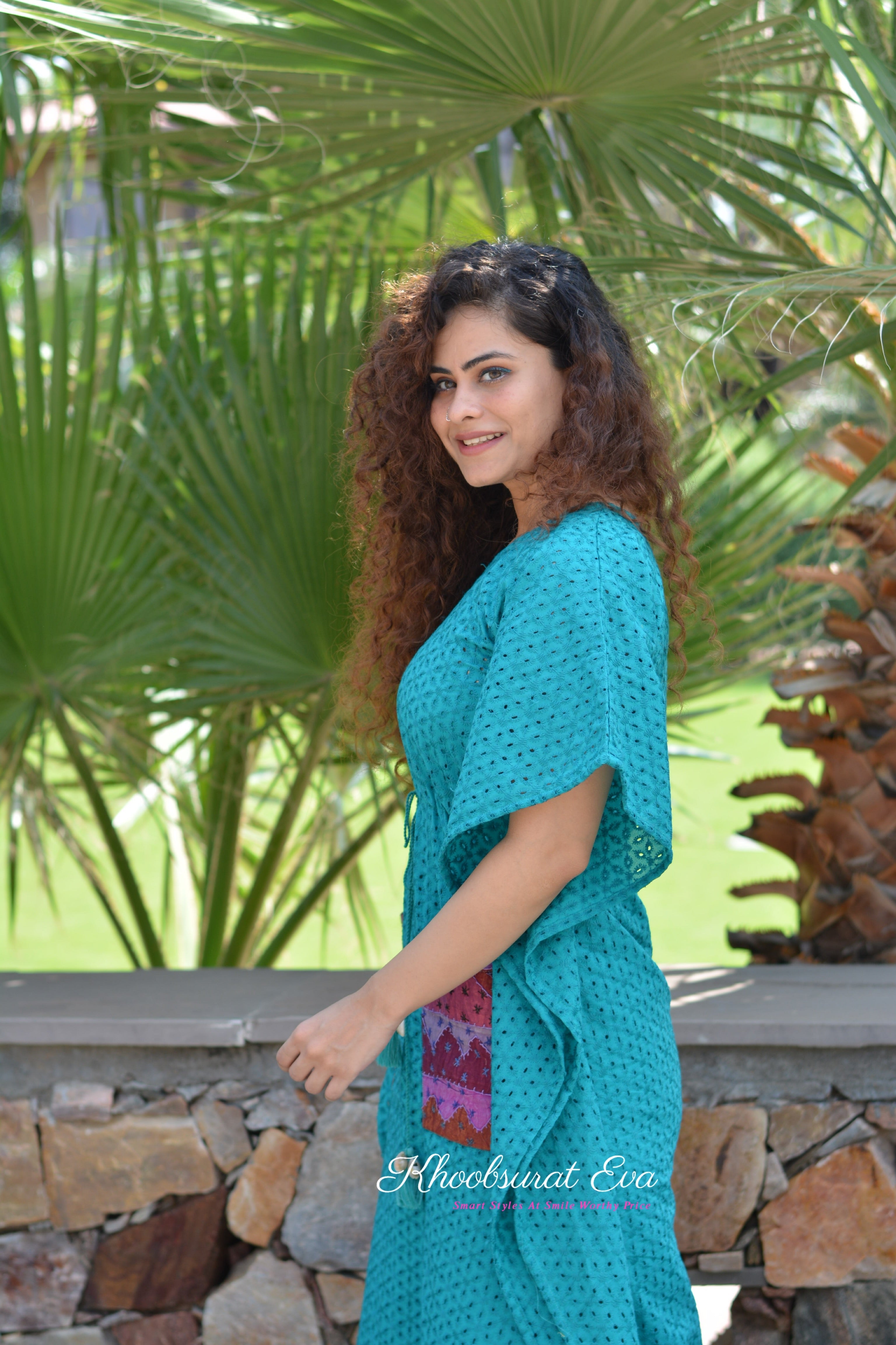 Turquoise Chikankari Kaftan Dress