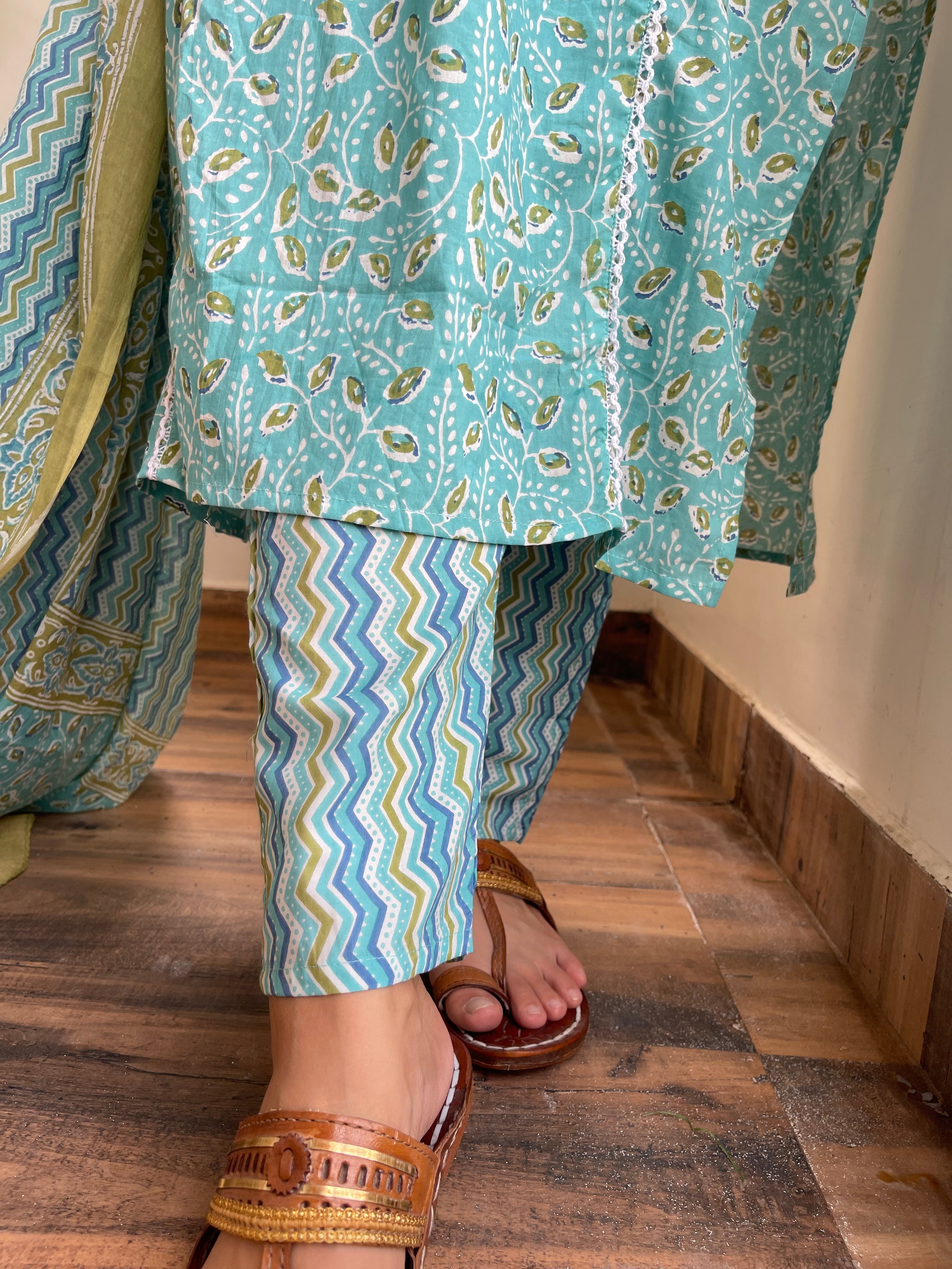 Blue Cotton Printed Stitched Suit Set for Women