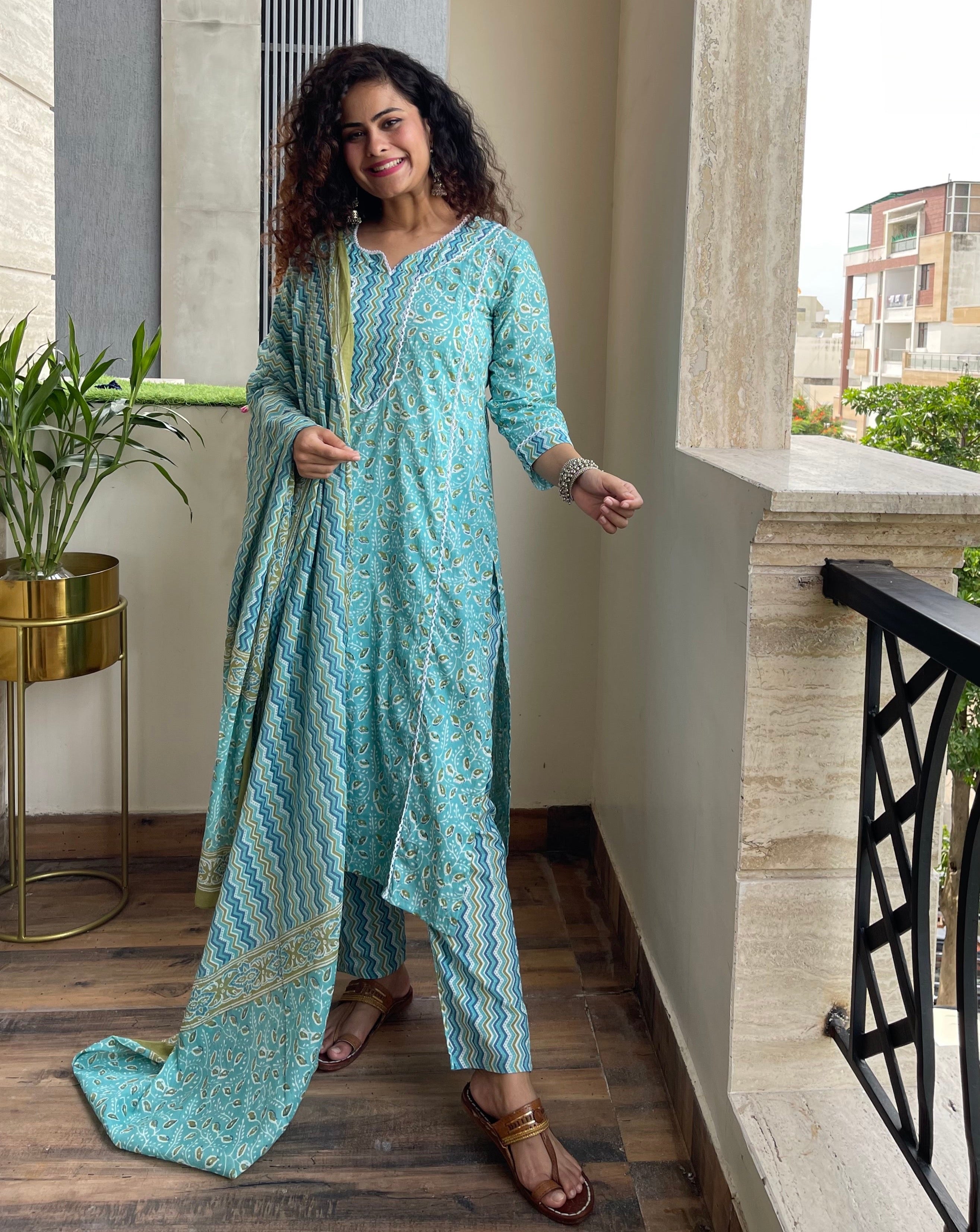 Blue Cotton Printed Stitched Suit Set for Women