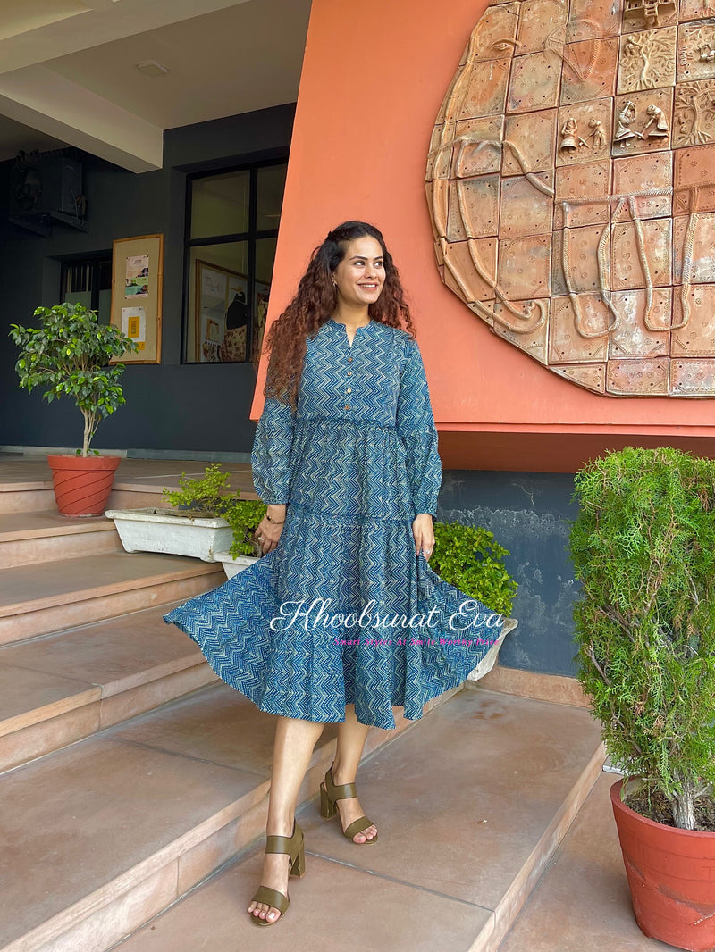 Twirling Tide Blue Cotton Dress