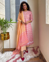 Pink Block Print Embroidered Kurta Suit Set