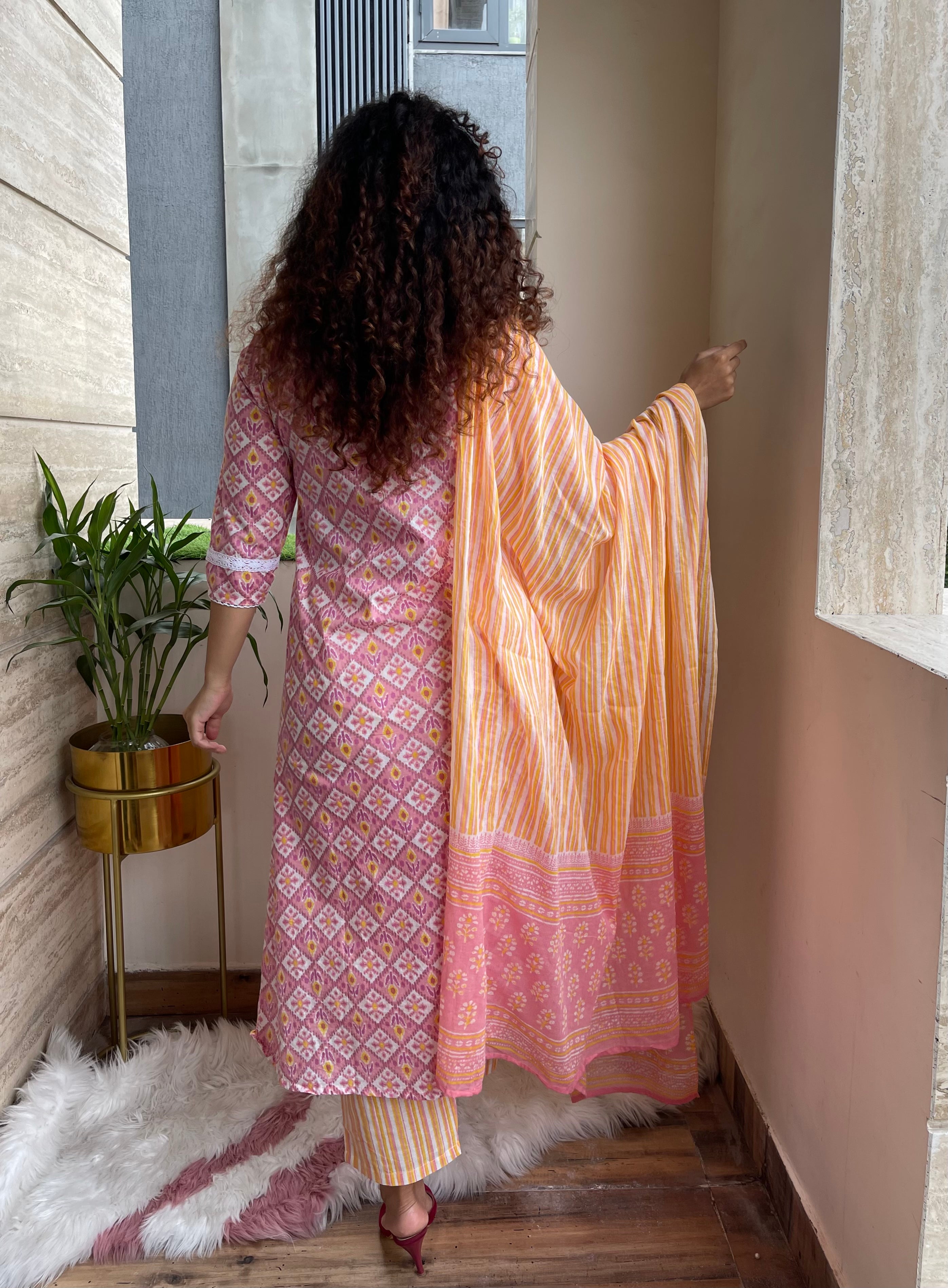 Pink Block Print Embroidered Kurta Suit Set