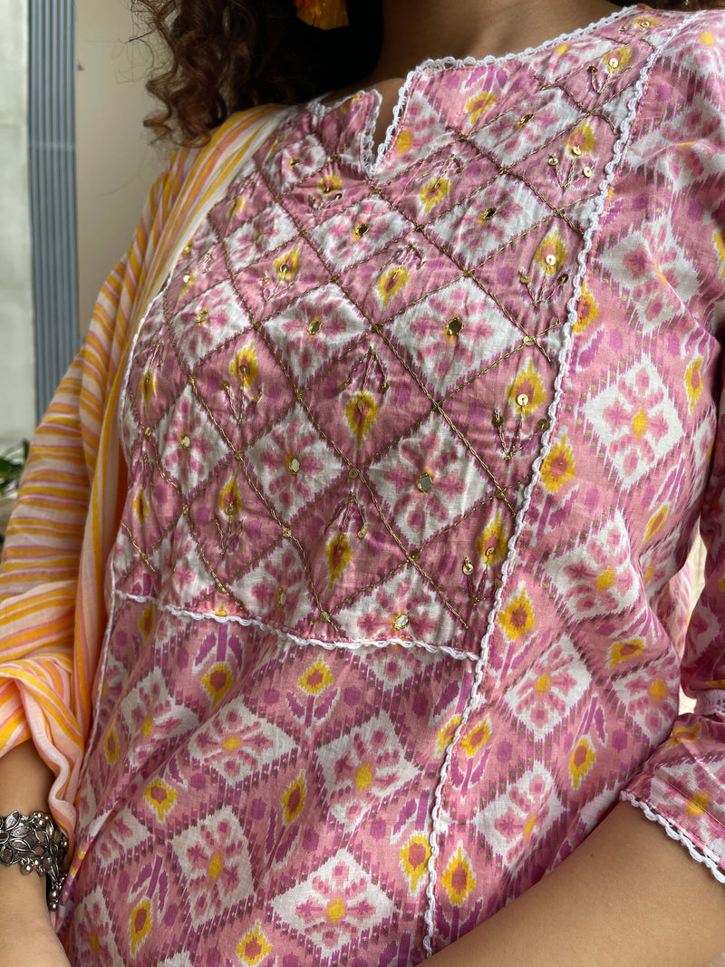 Pink Block Print Embroidered Kurta Suit Set