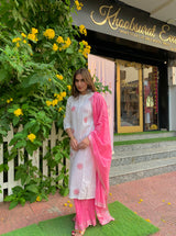 Pink and White Embroidered Pure Cotton Kurta Suit Set