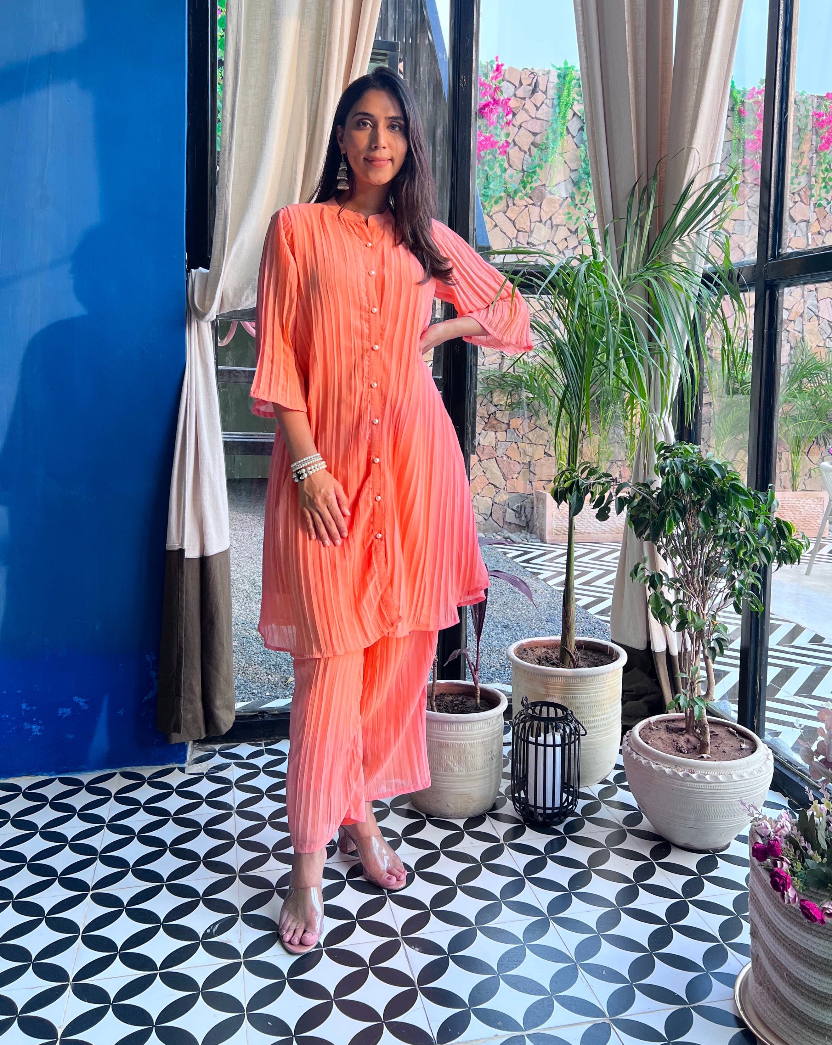  Peach Pleated Co-Ordinate Set