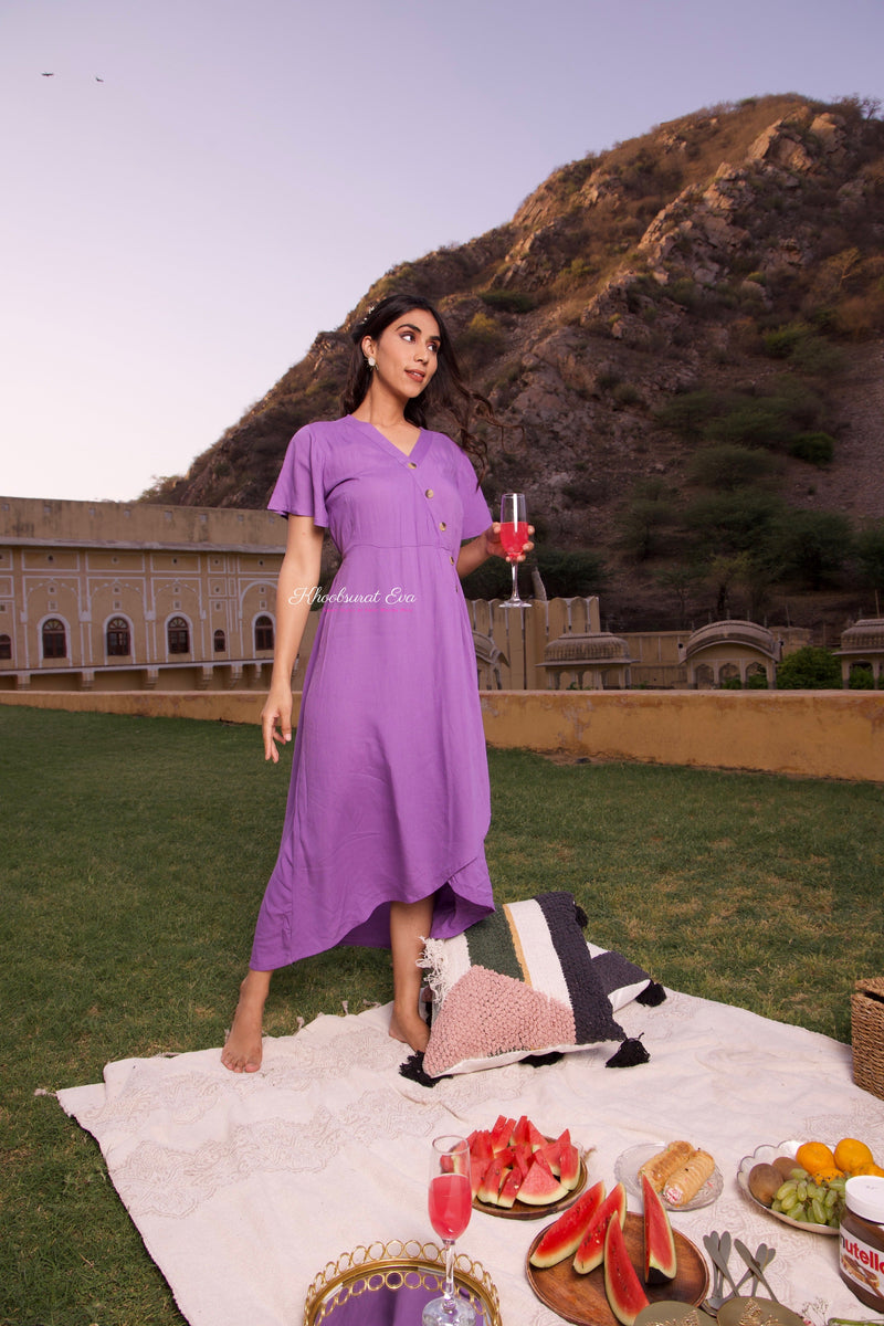 Lavender V Neck Midi Dress