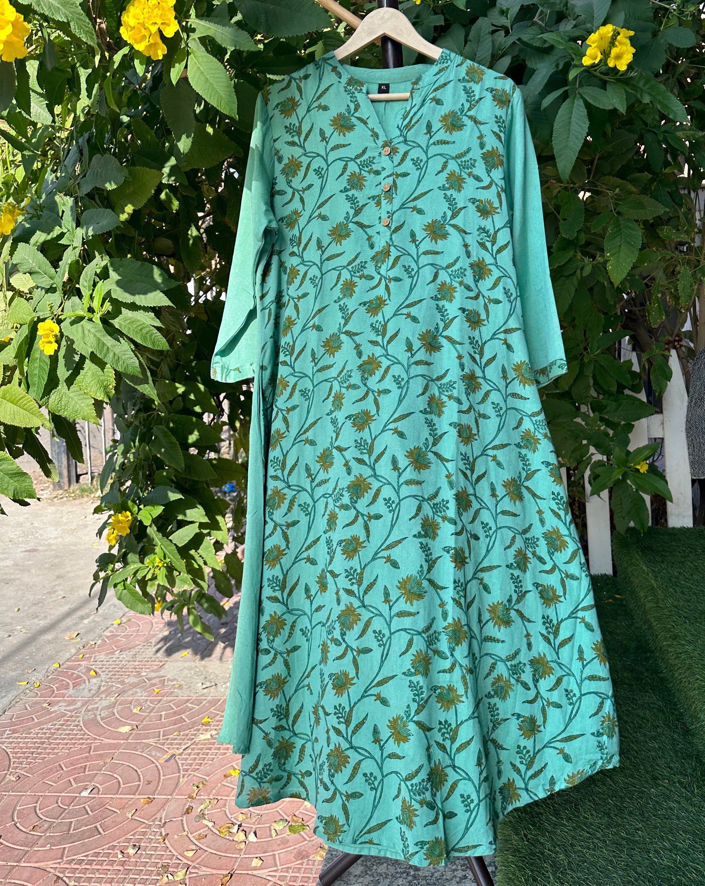 GREEN COTTON BLOCK PRINT KURTA 