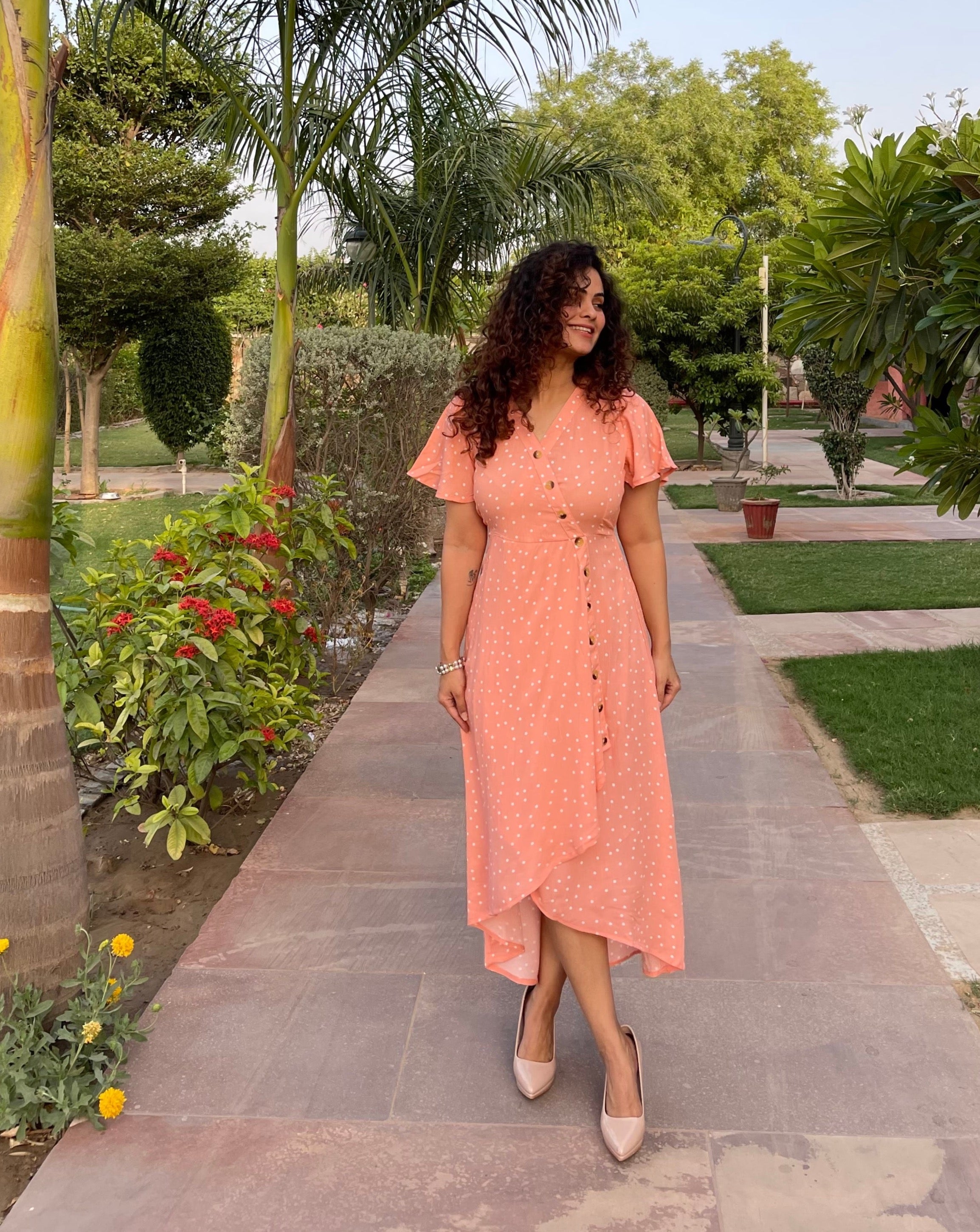 Peach Polka Print Midi Dress