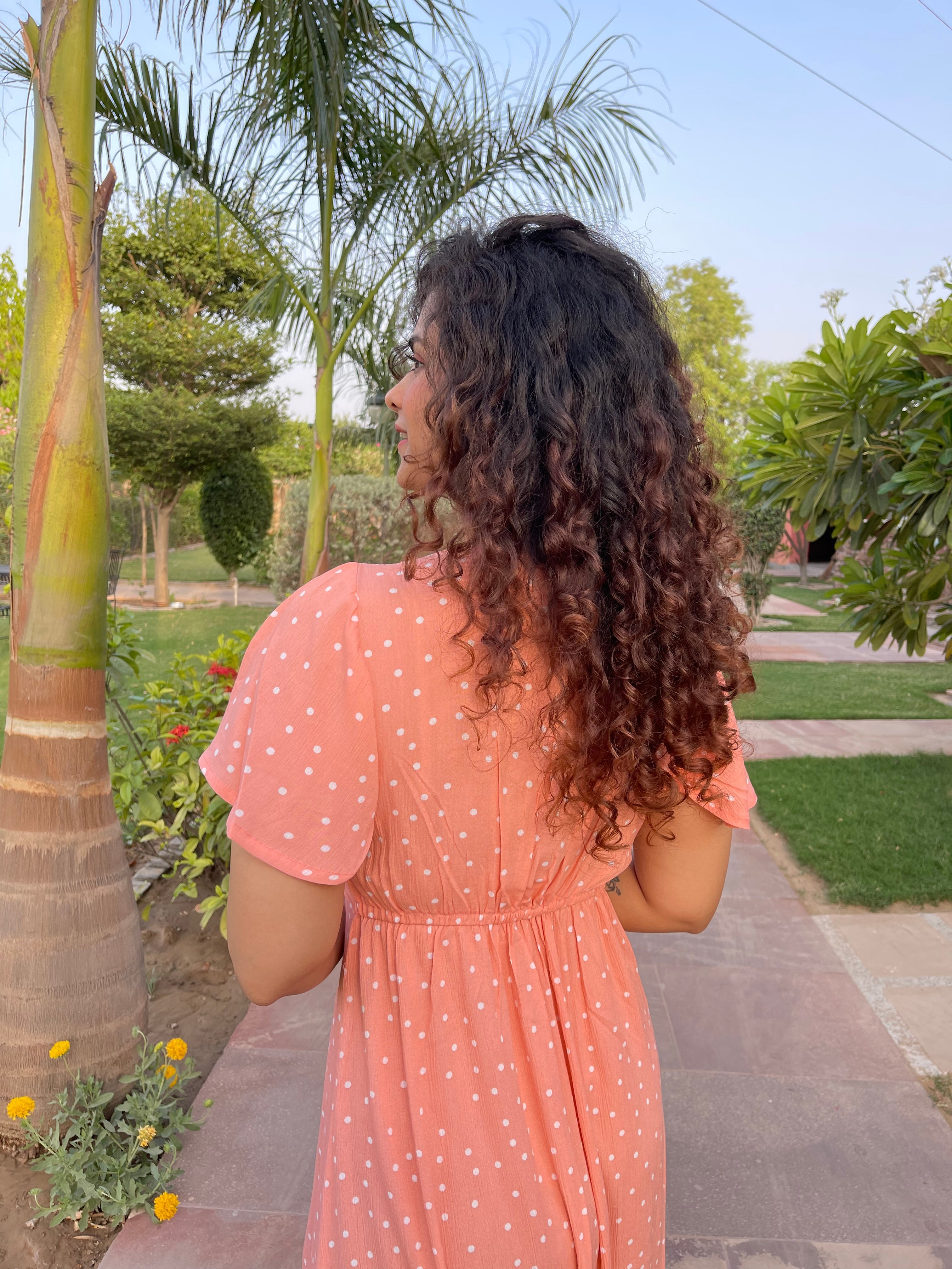 Peach Polka Print Midi Dress