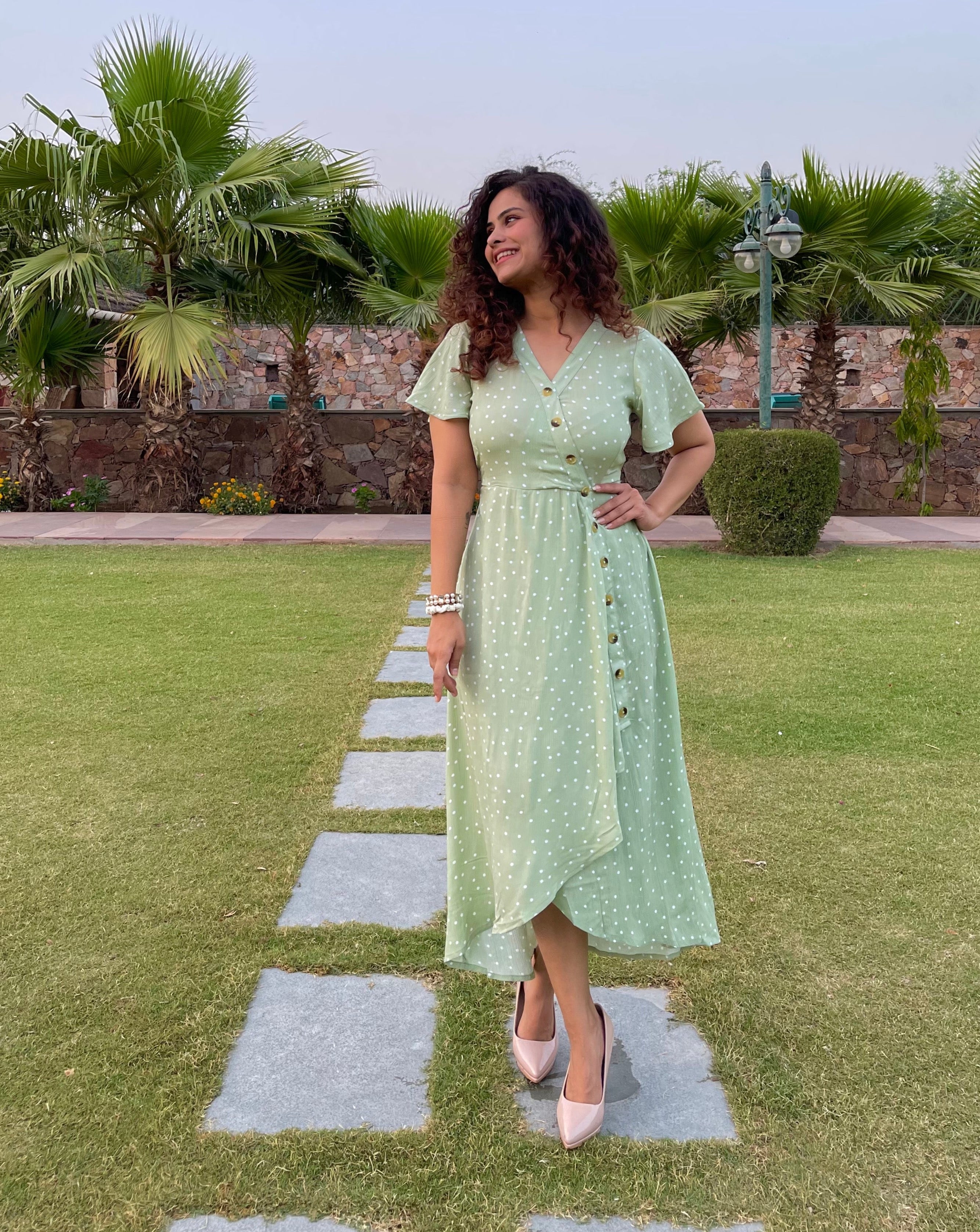 Green Polka Print Midi Dress