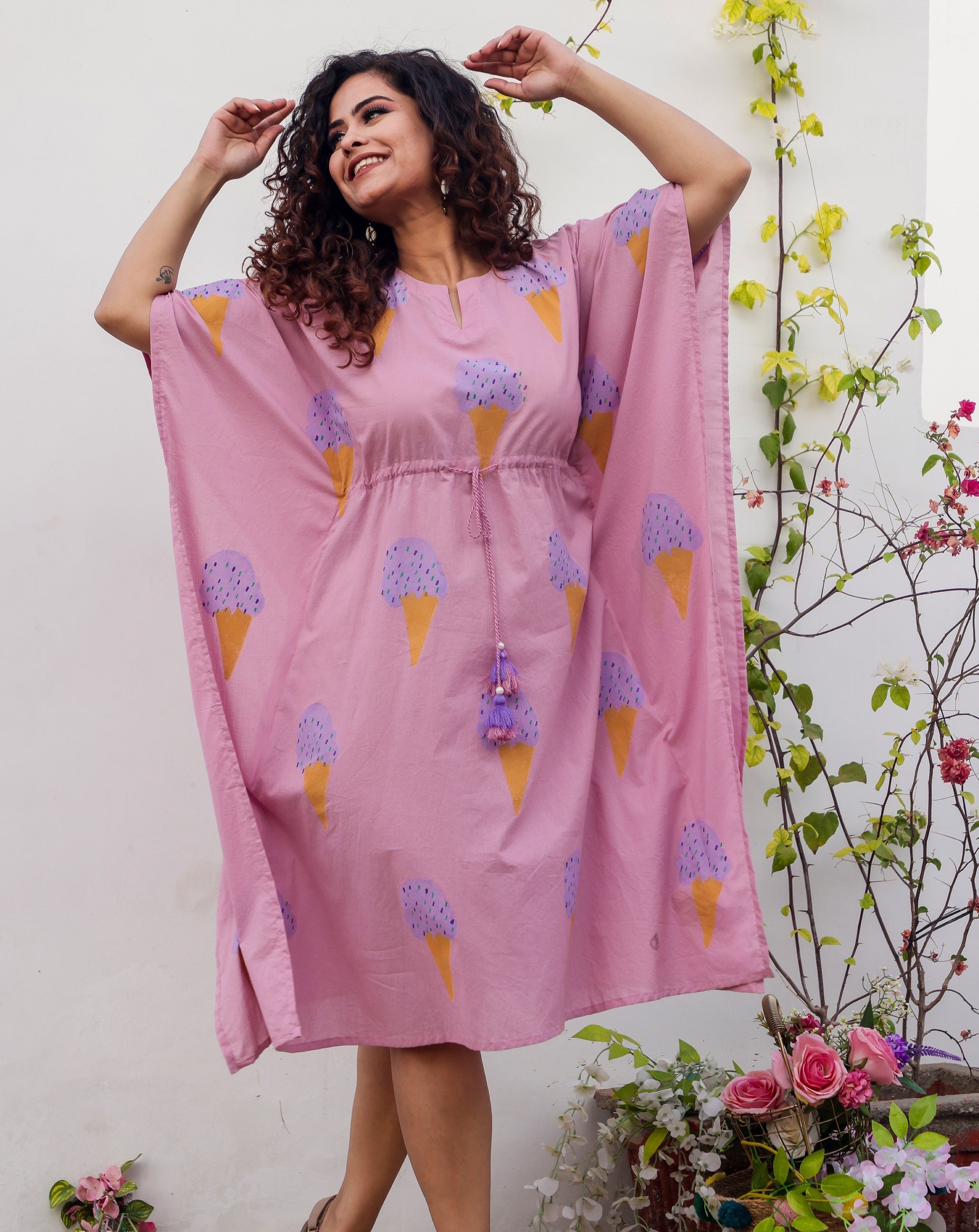 Pink Cotton Hand Painted Kaftan