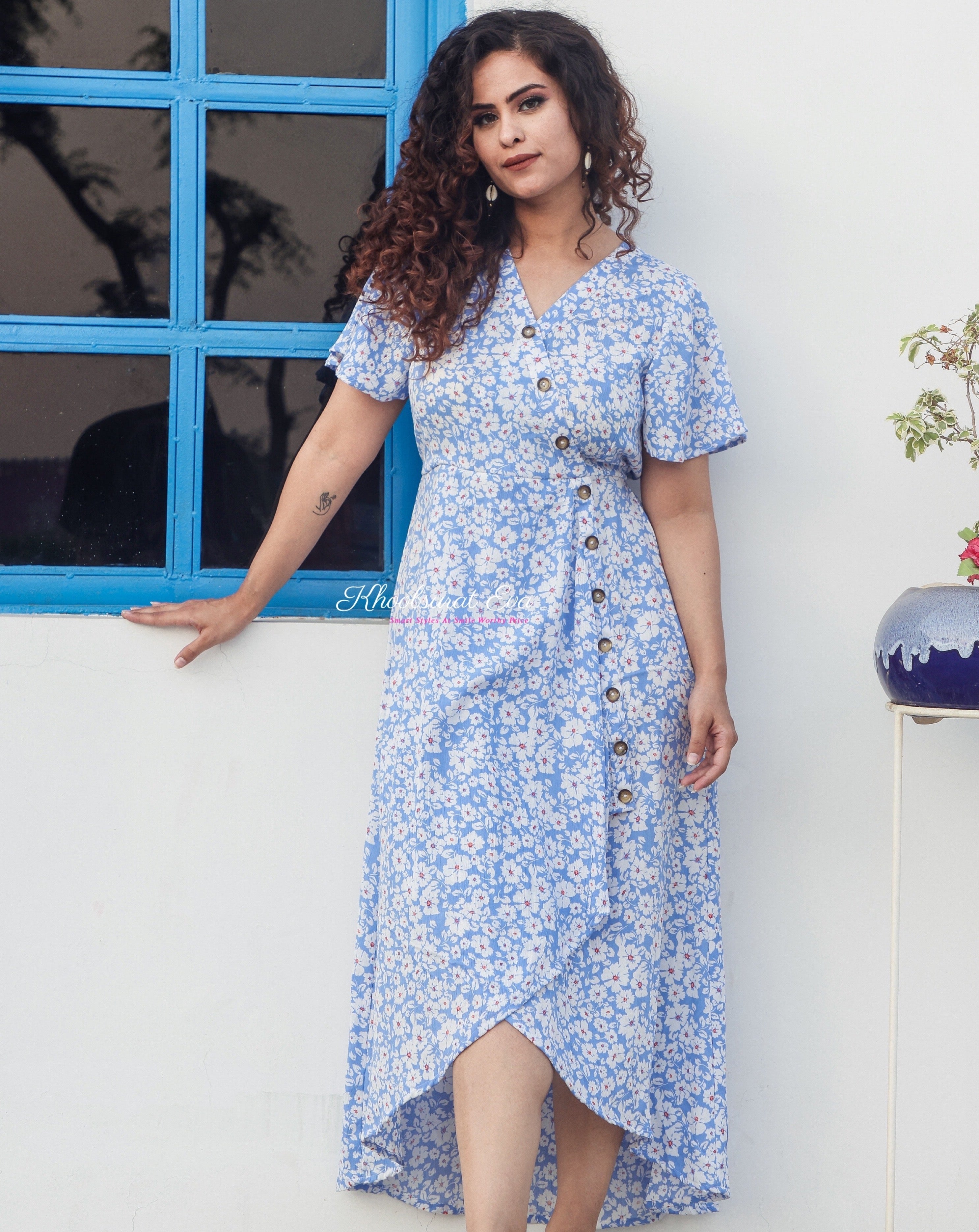 Blue Printed Midi Dress