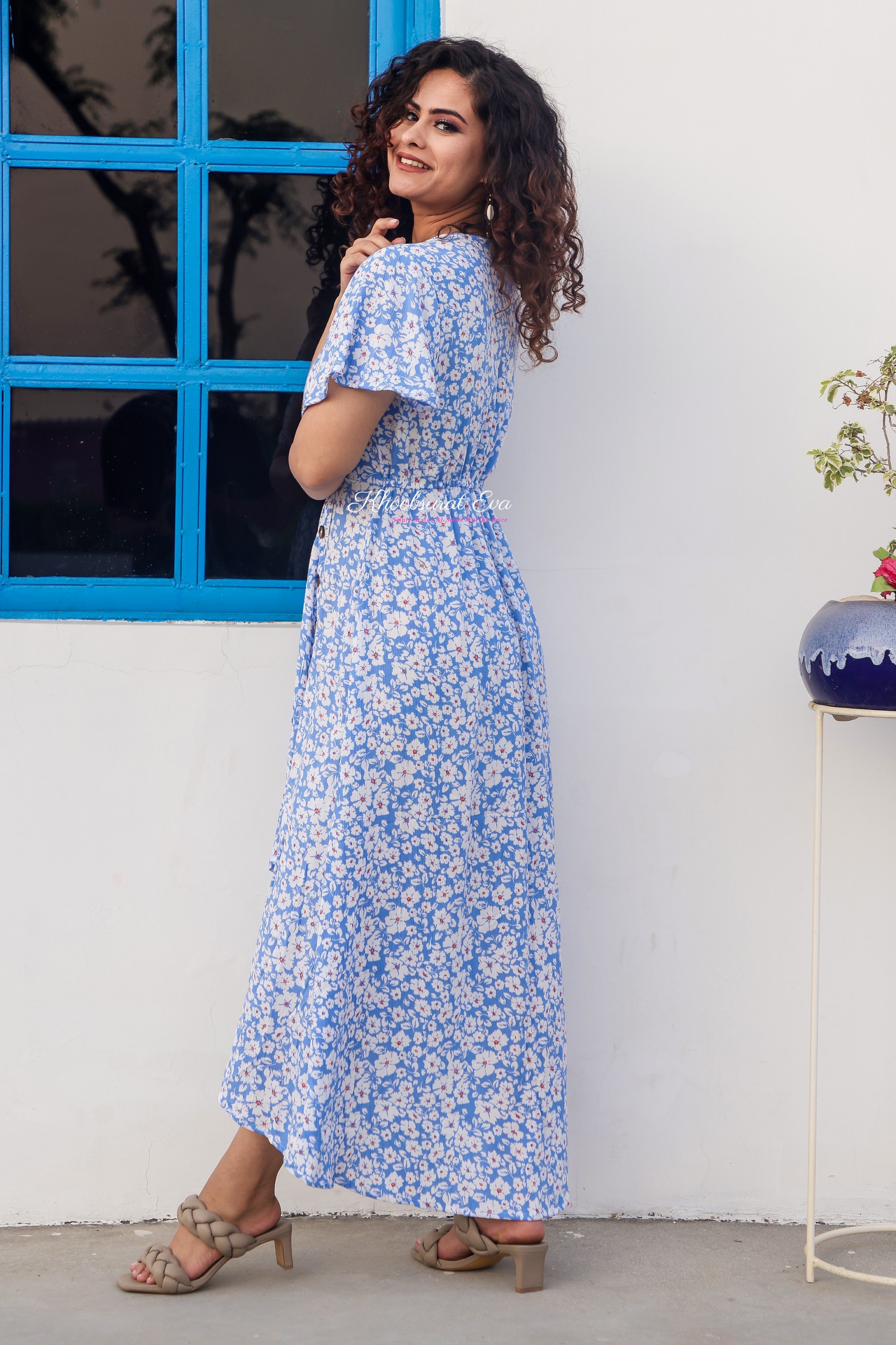 Blue Printed Midi Dress