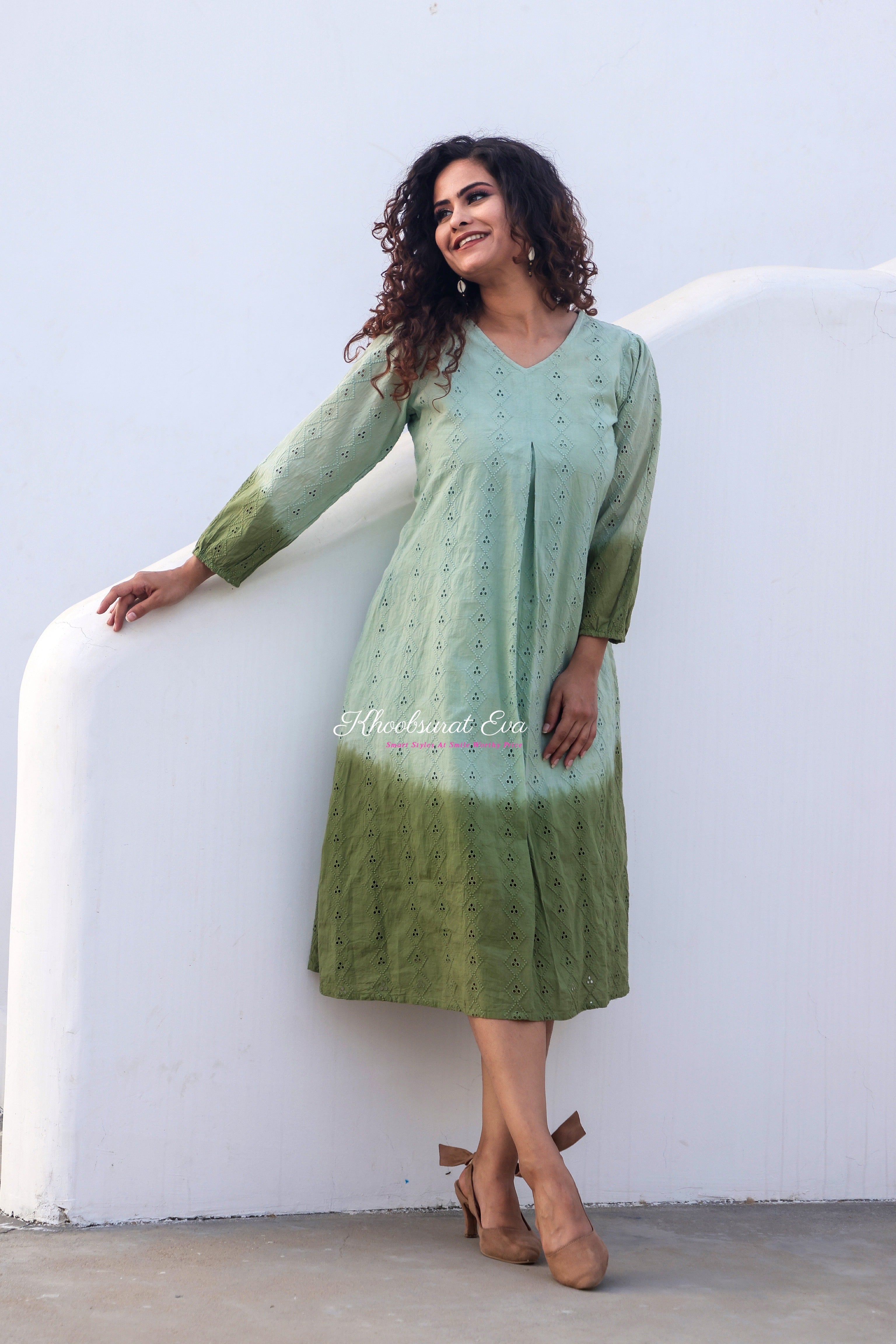 Pista Green Embroidery Ombre Dress