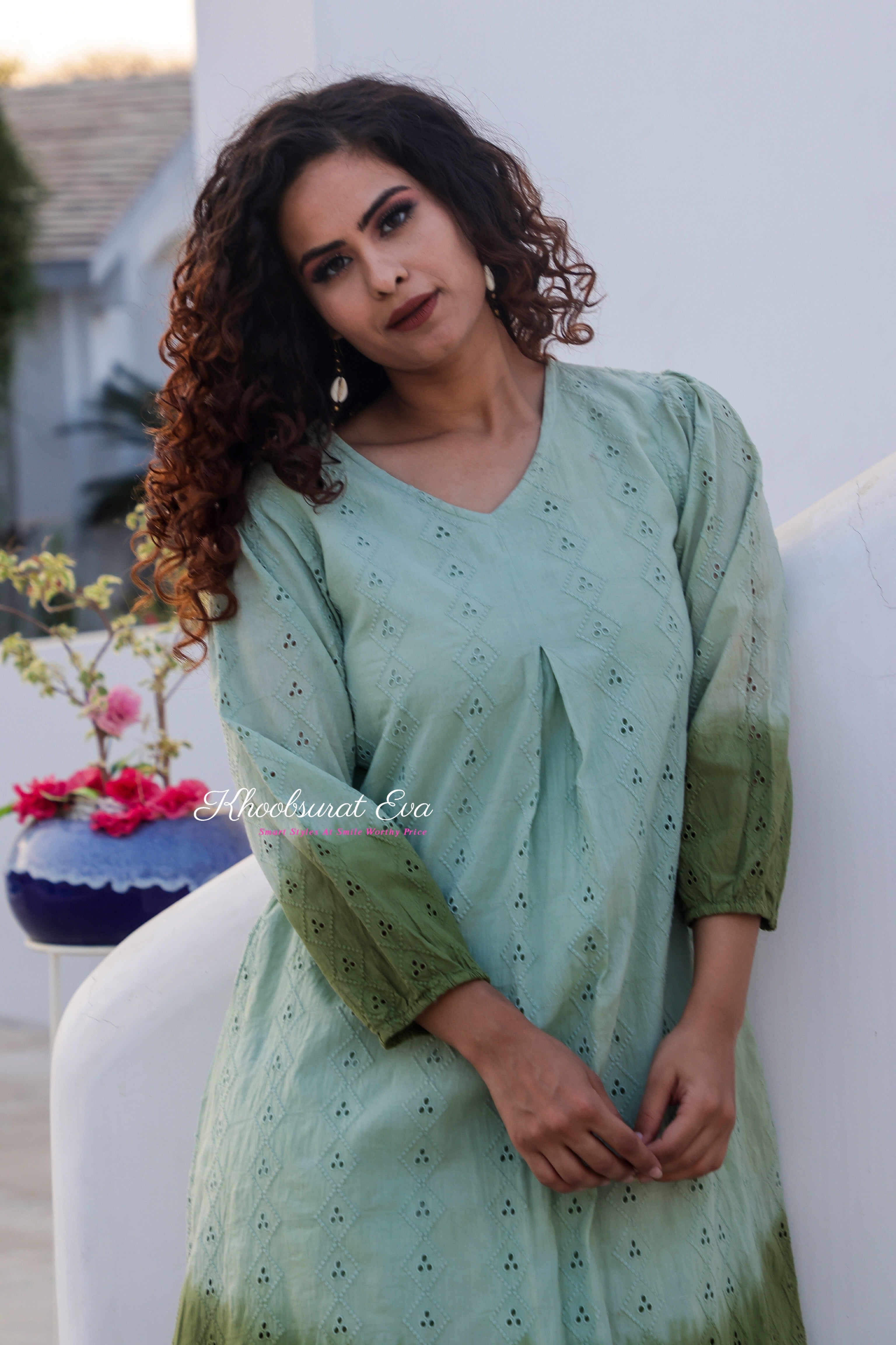 Pista Green Embroidery Ombre Dress