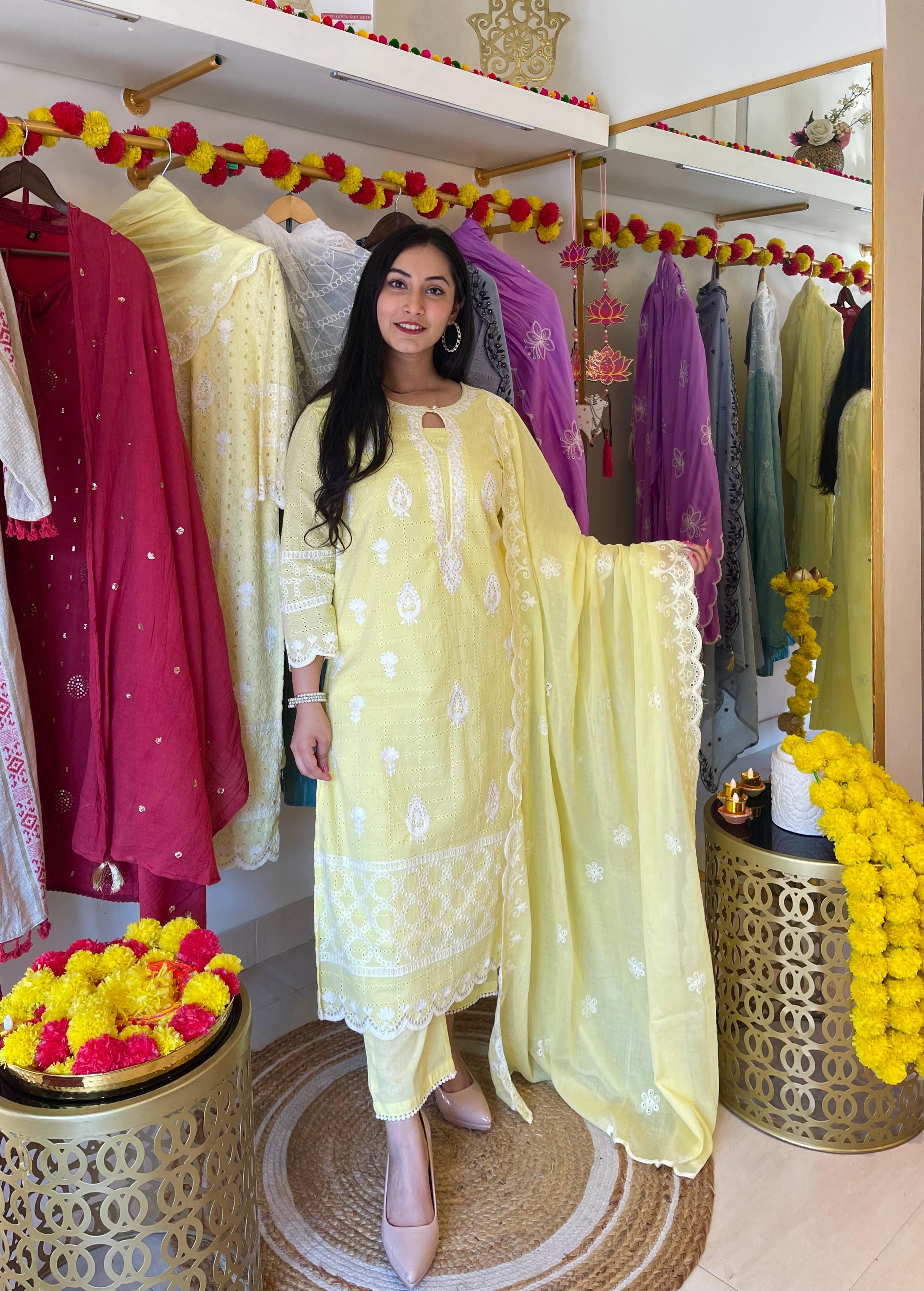 Yellow Embroidered Schiffli Suit for women