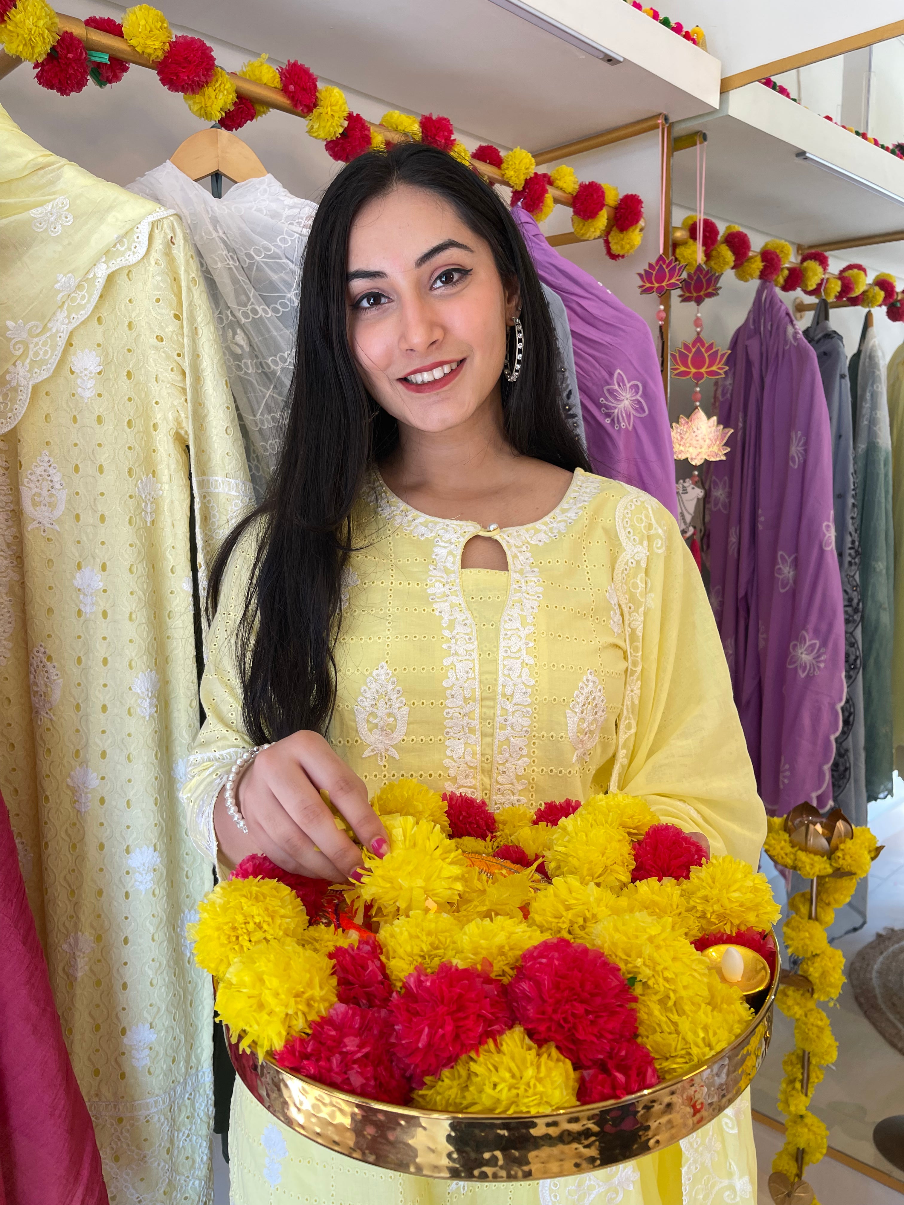 Yellow Embroidered Schiffli Suit for women