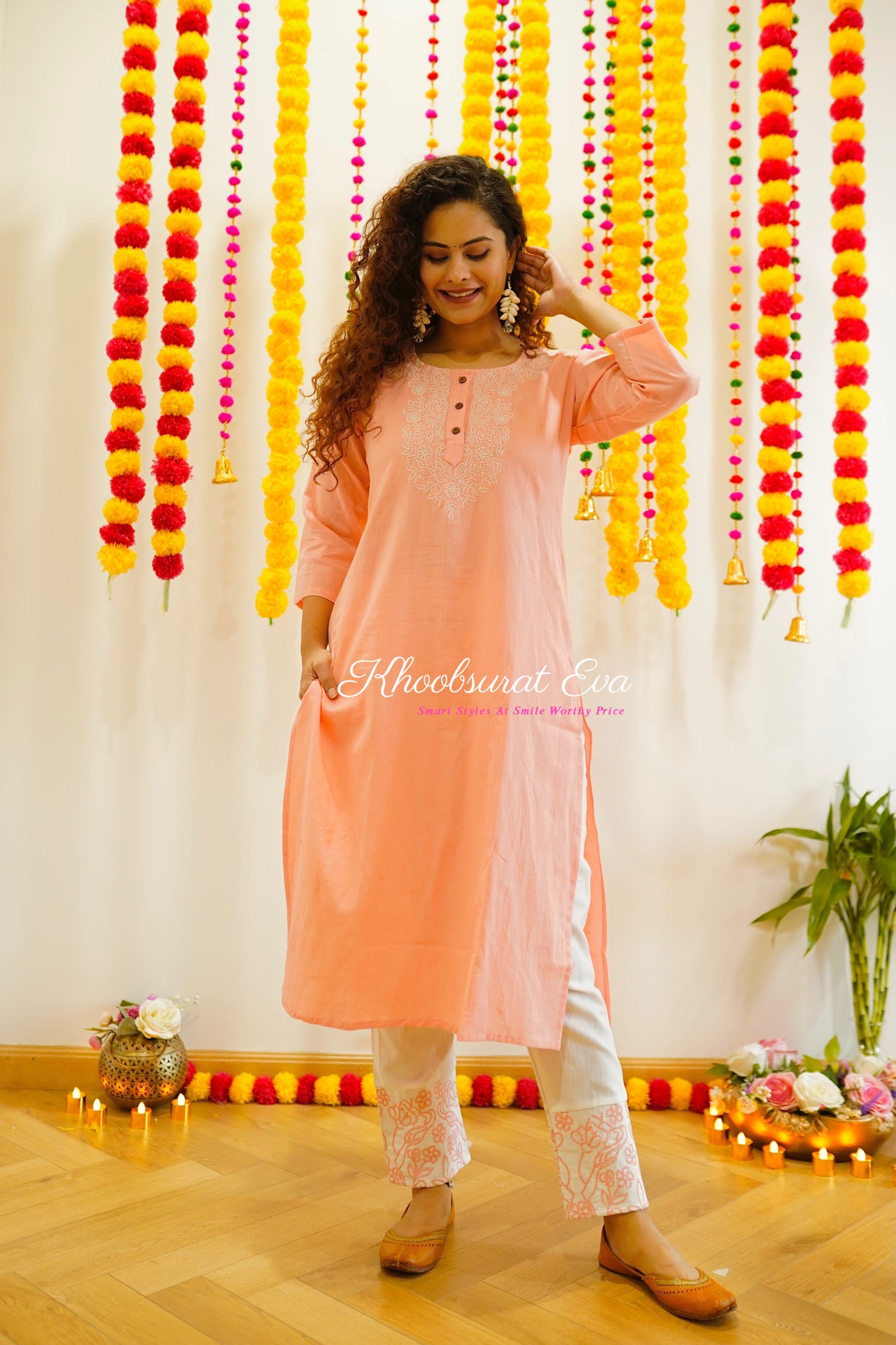 Peach And White Embroidered Kurta Set