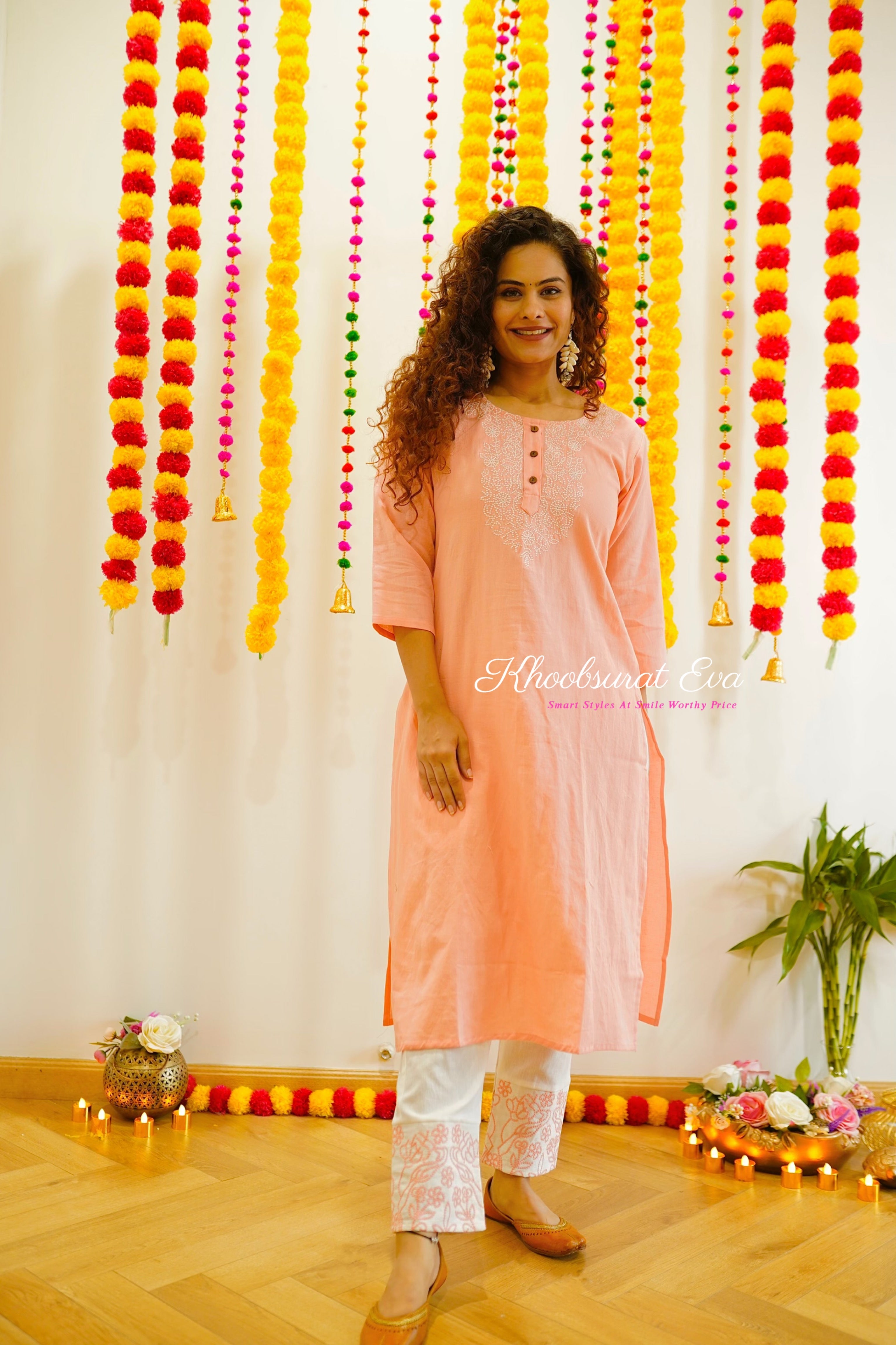 Peach And White Embroidered Kurta Set