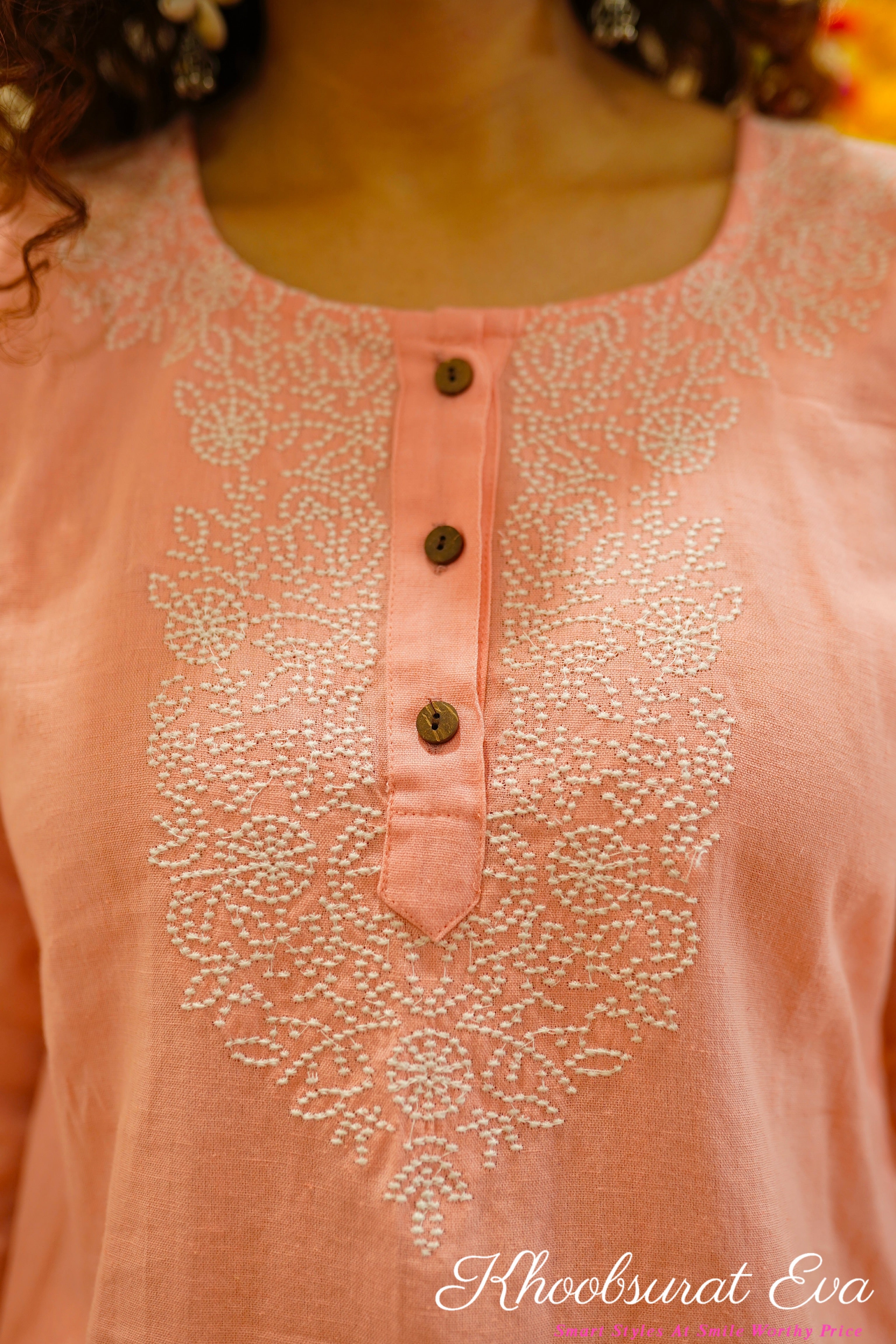 Peach And White Embroidered Kurta Set