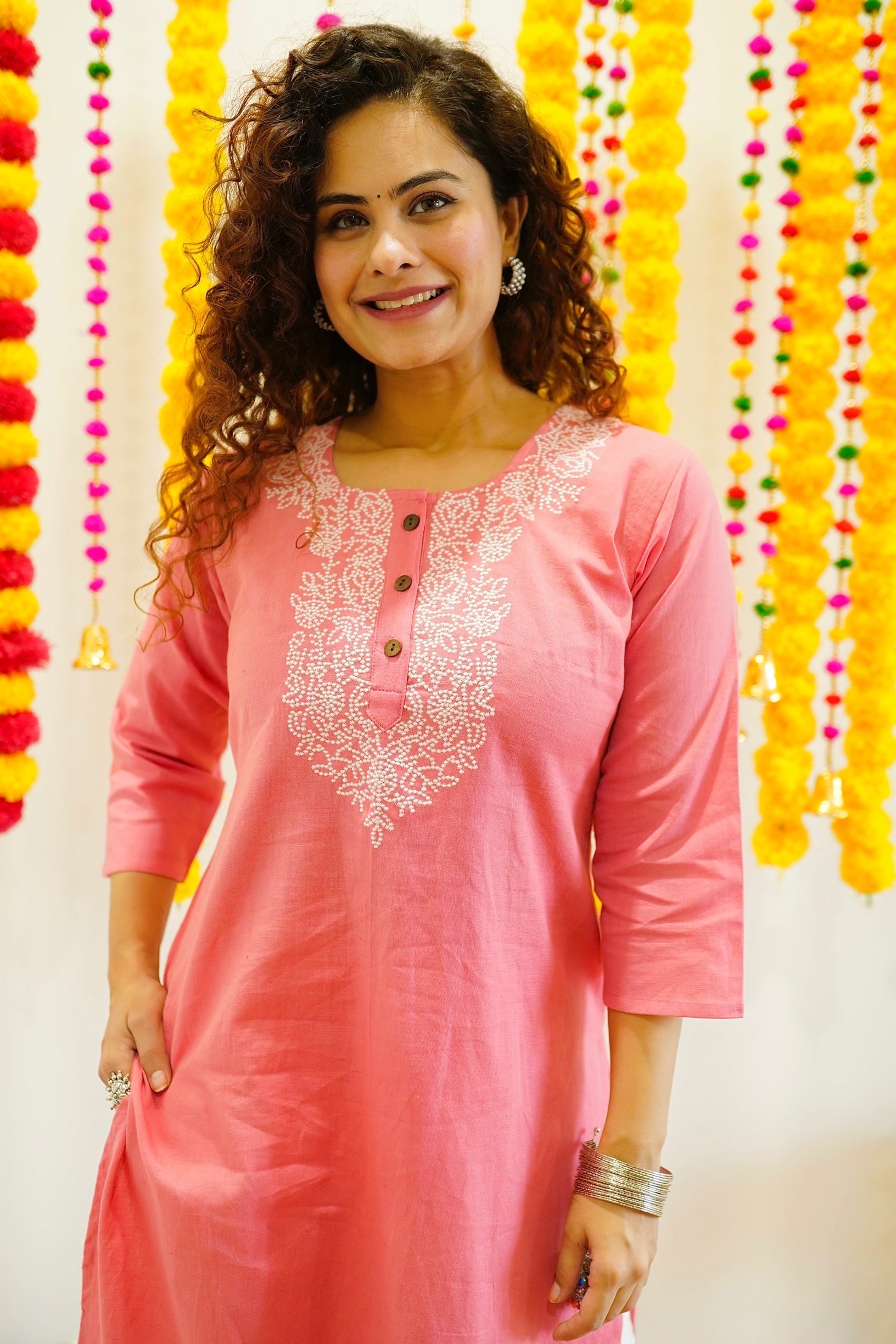 Pink And White Embroidered Kurta Set