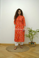 Red Cotton Printed Straight Kurta