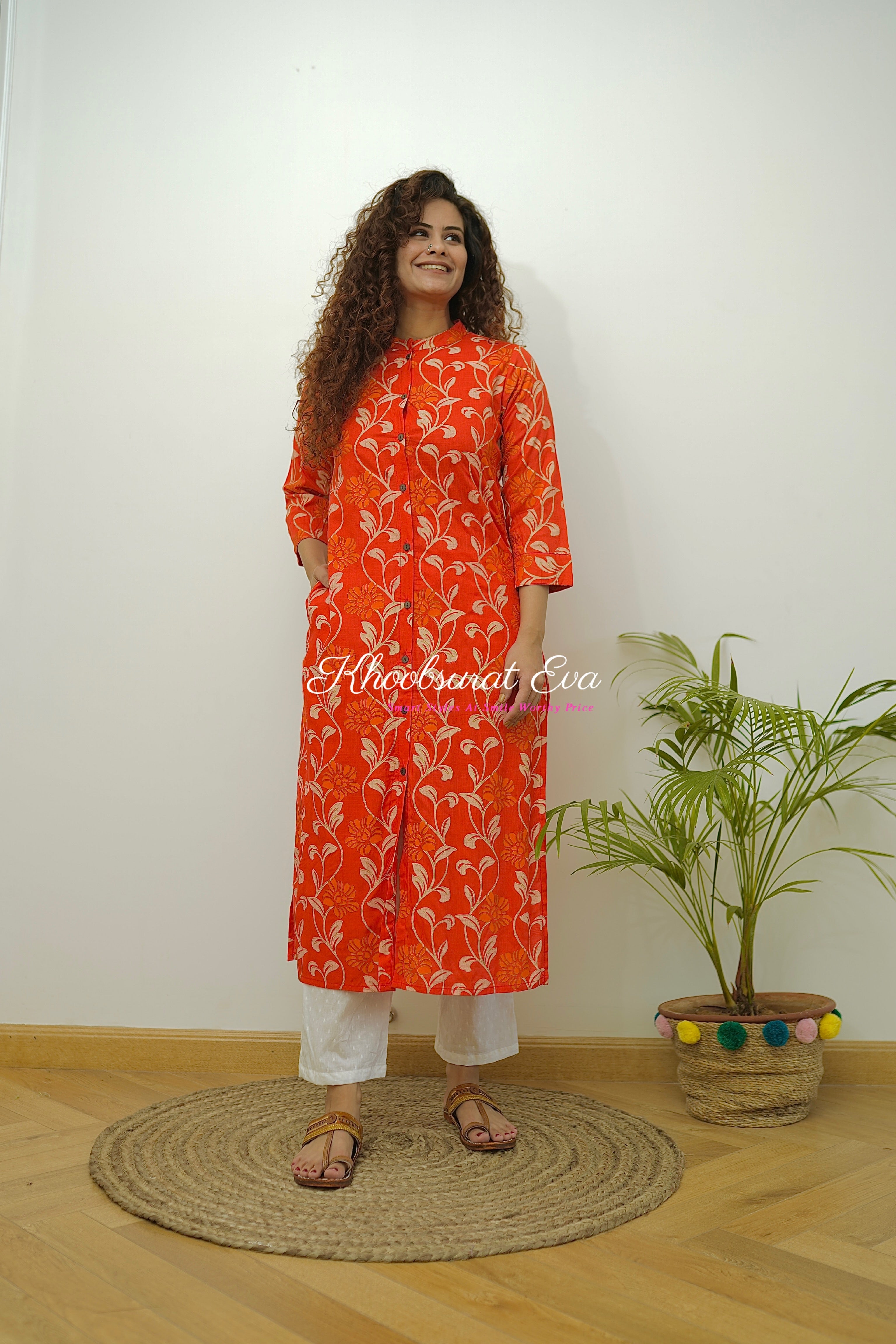 Red Cotton Printed Straight Kurta