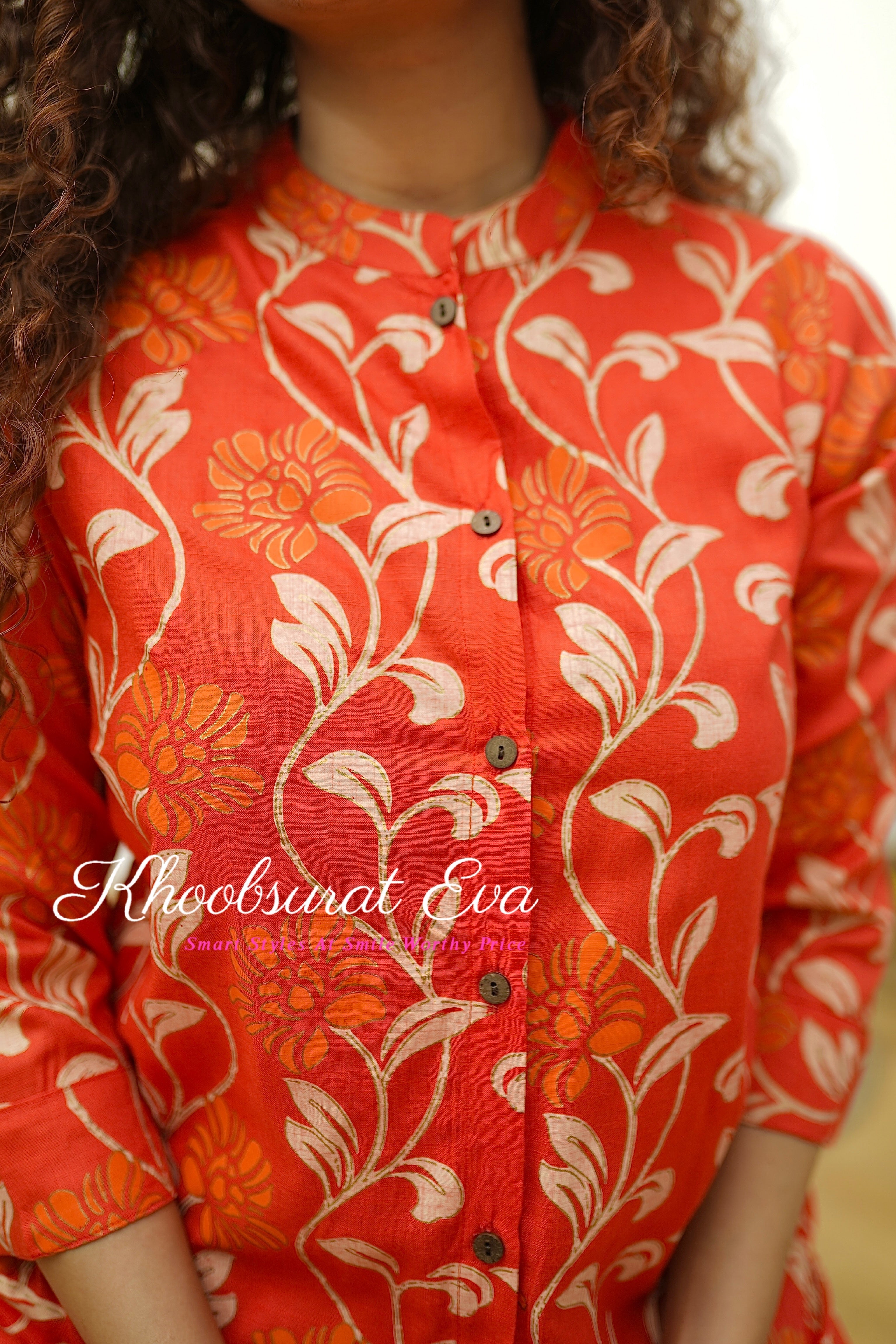 Red Cotton Printed Straight Kurta