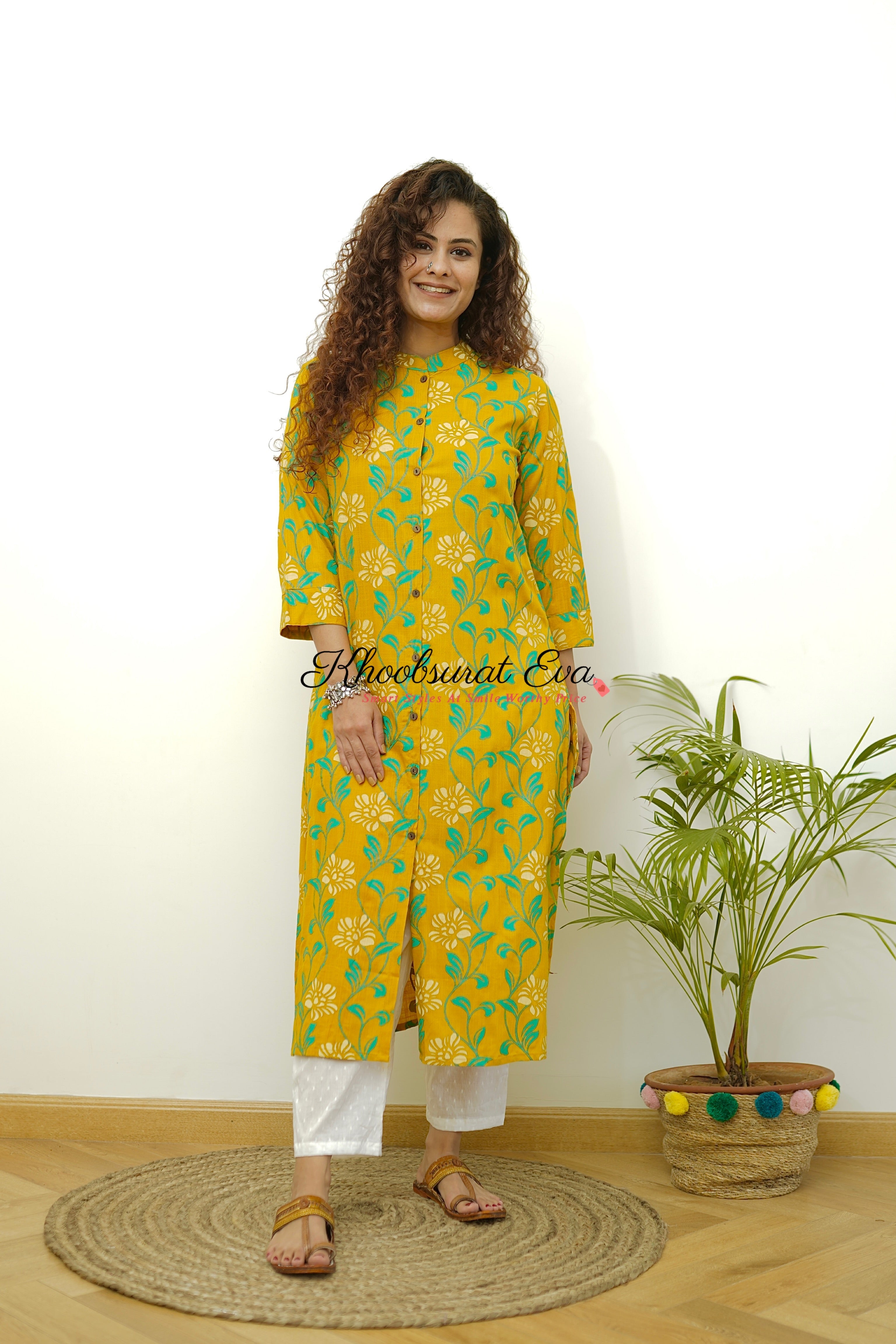 Yellow Cotton Printed Straight Kurta