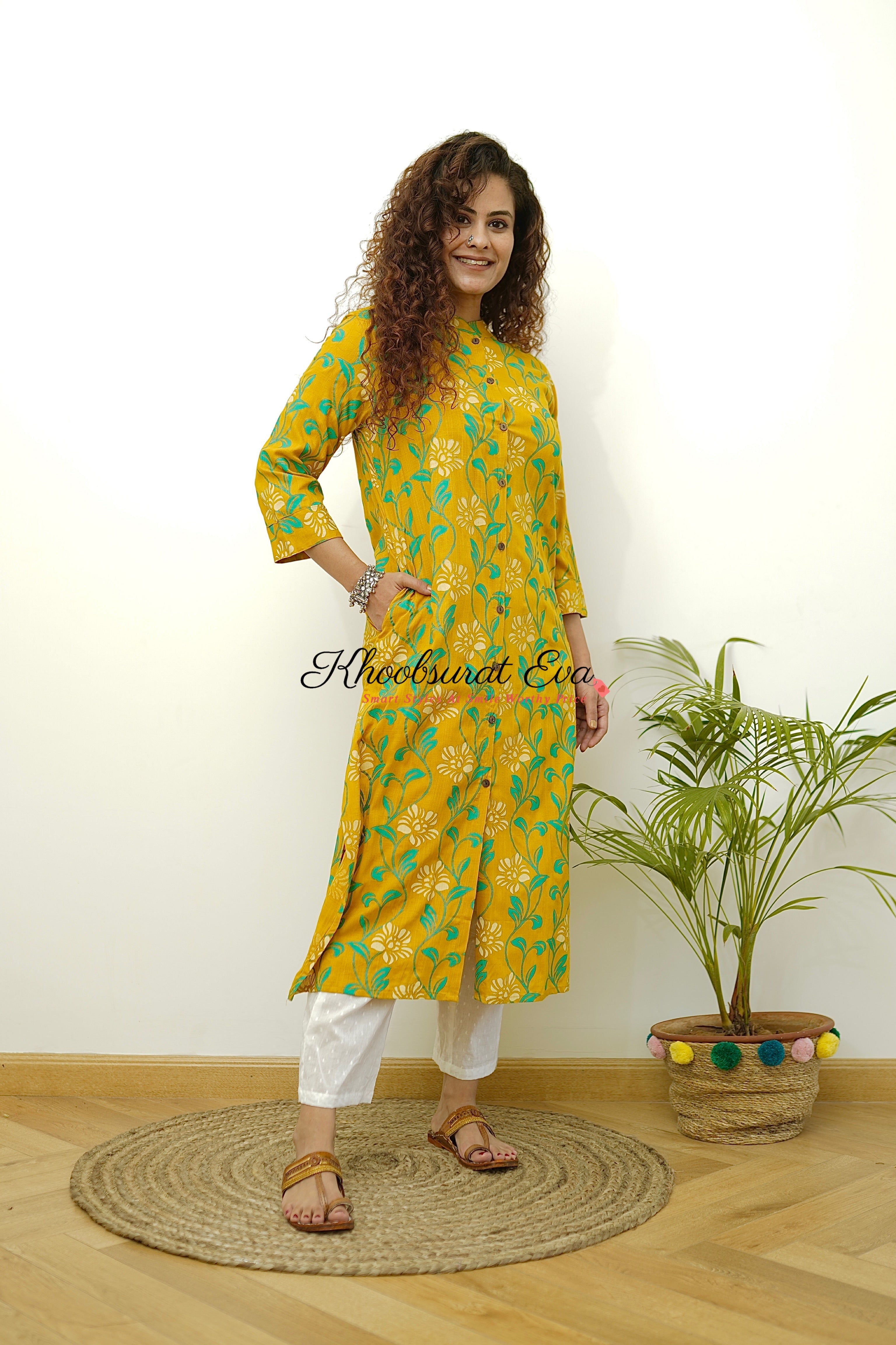 Yellow Cotton Printed Straight Kurta