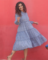Blue Cotton Block Print Maxi Dress 
