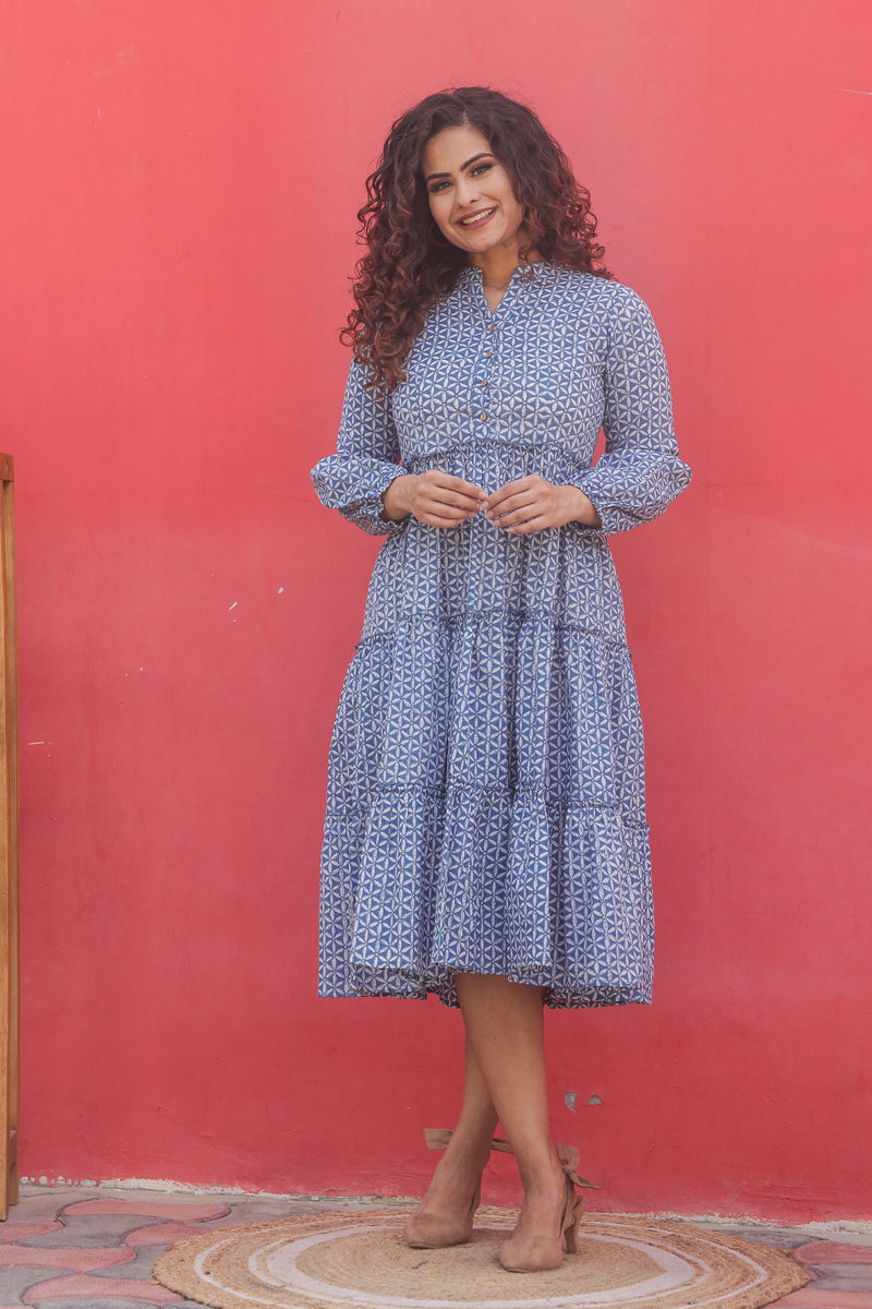 Blue Cotton Block Print Maxi Dress 