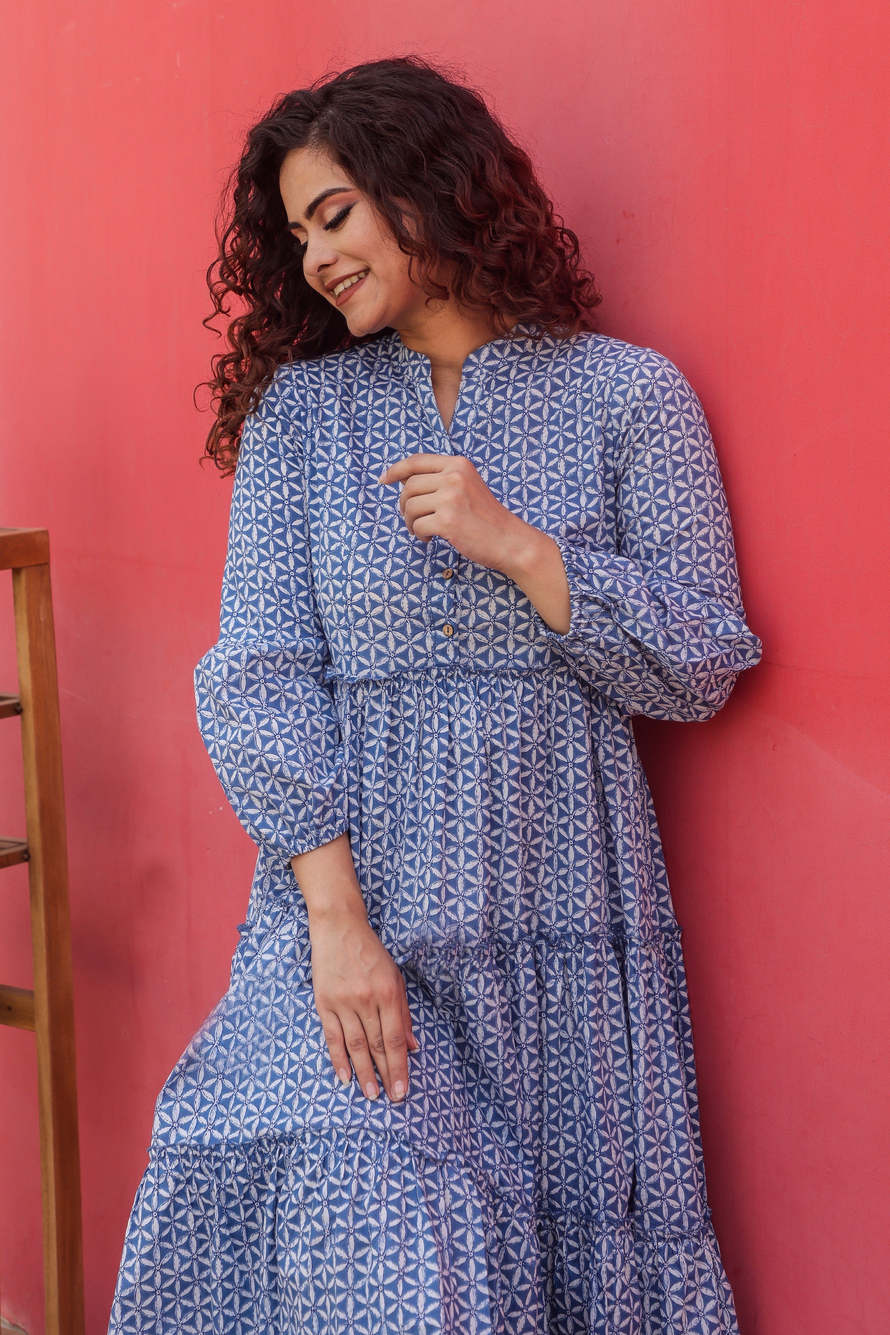 Blue Cotton Block Print Maxi Dress 